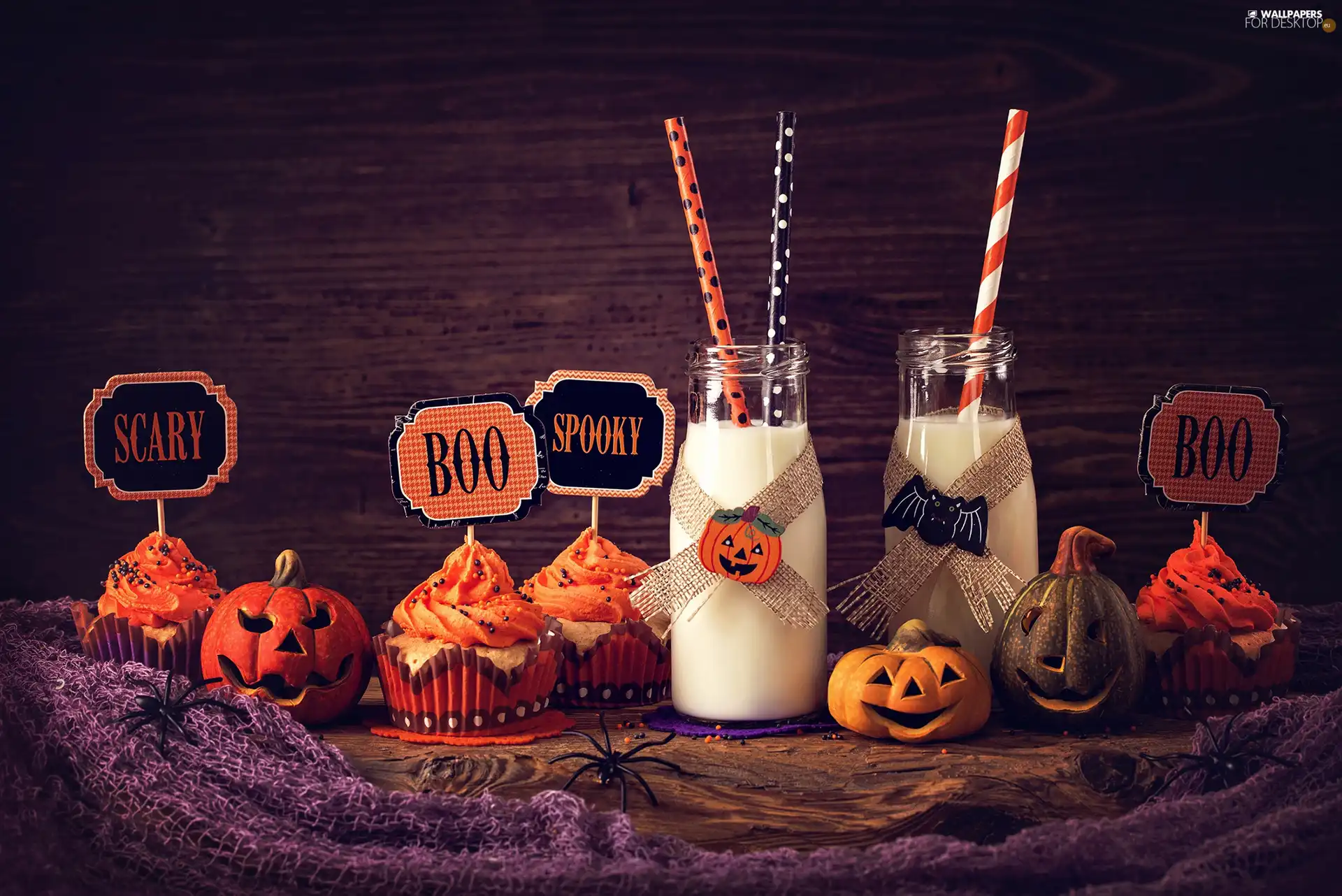 halloween, Muffins, milk, pumpkin - For desktop wallpapers: 2200x1469