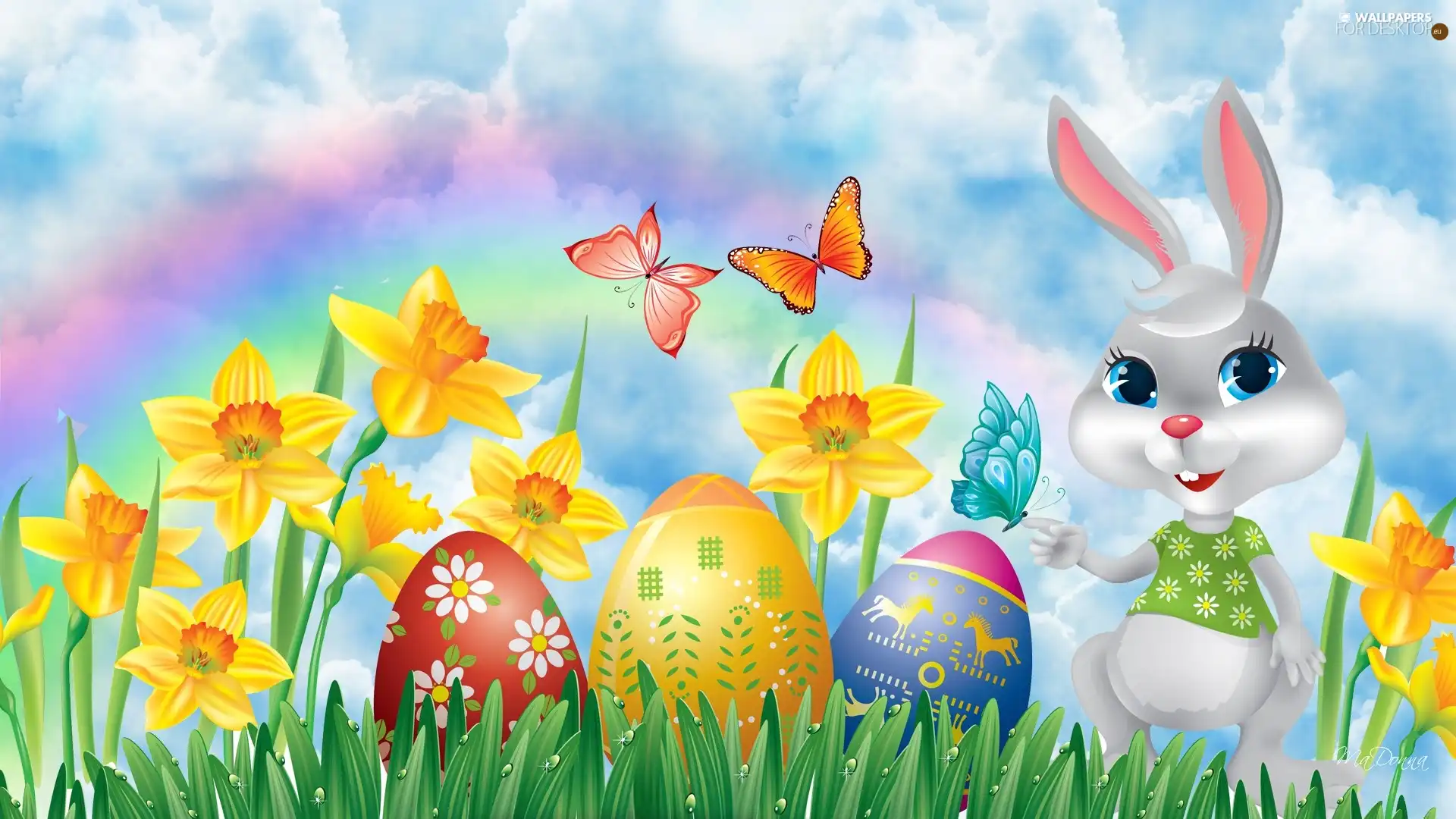 eggs, Easter, rabbit, Daffodils, butterfly, color