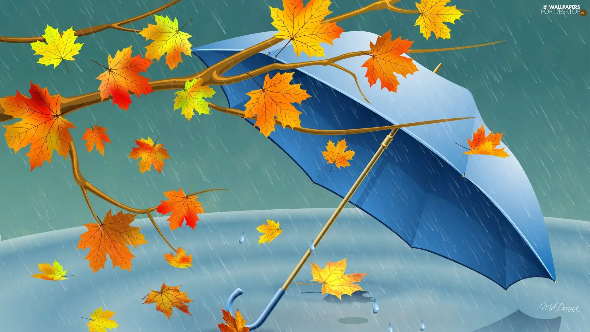 Autumn, Umbrella, Rain, Leaf