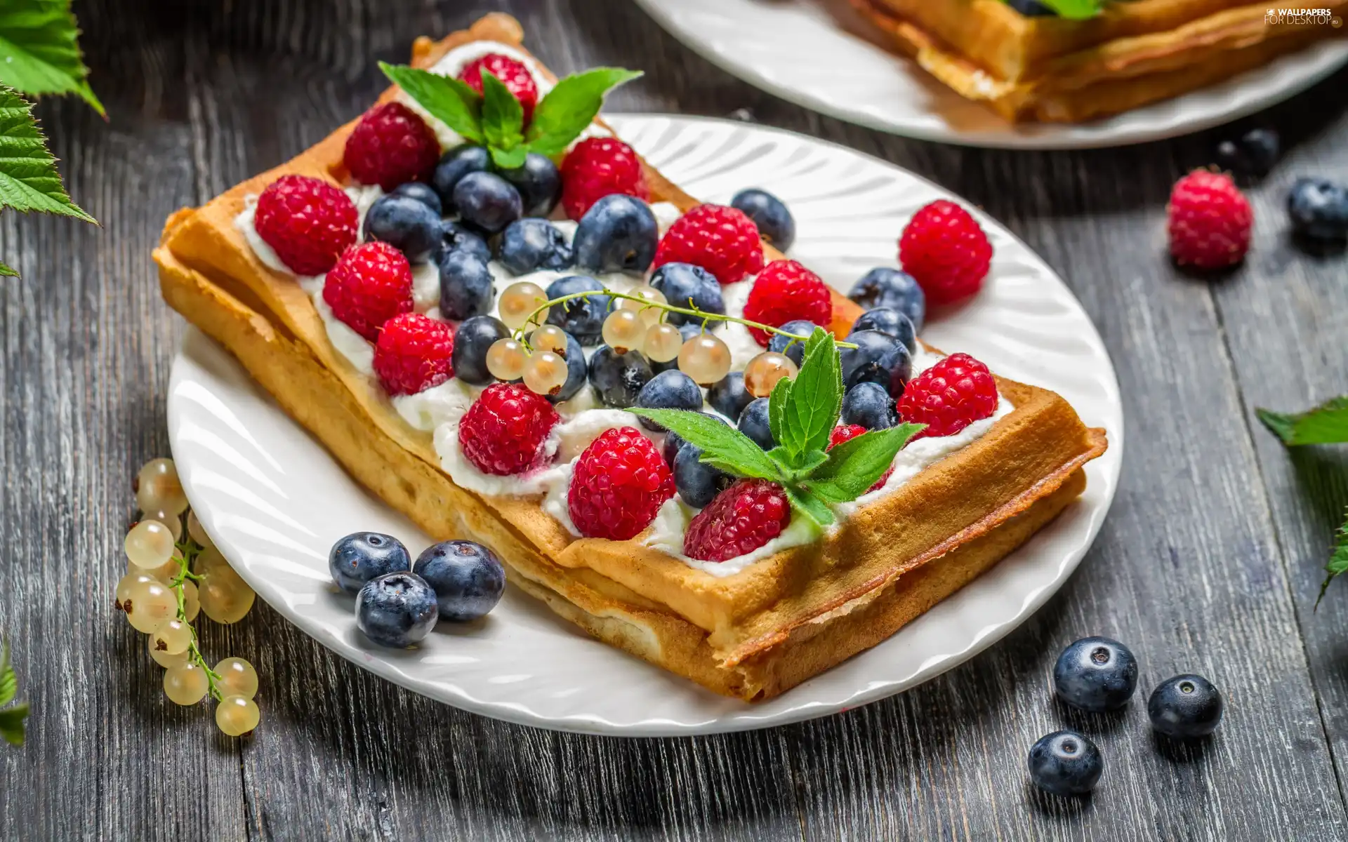 Waffle, raspberries, blueberries, Whipped cream