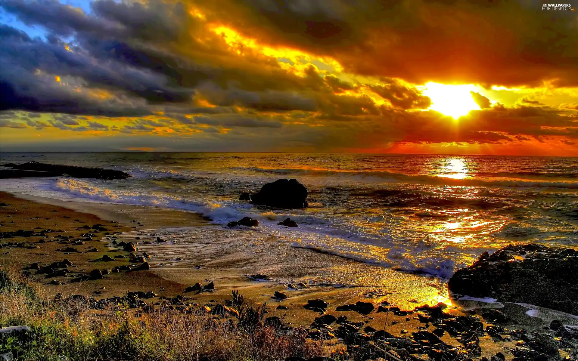 rays, sun, Stones, clouds, Beaches