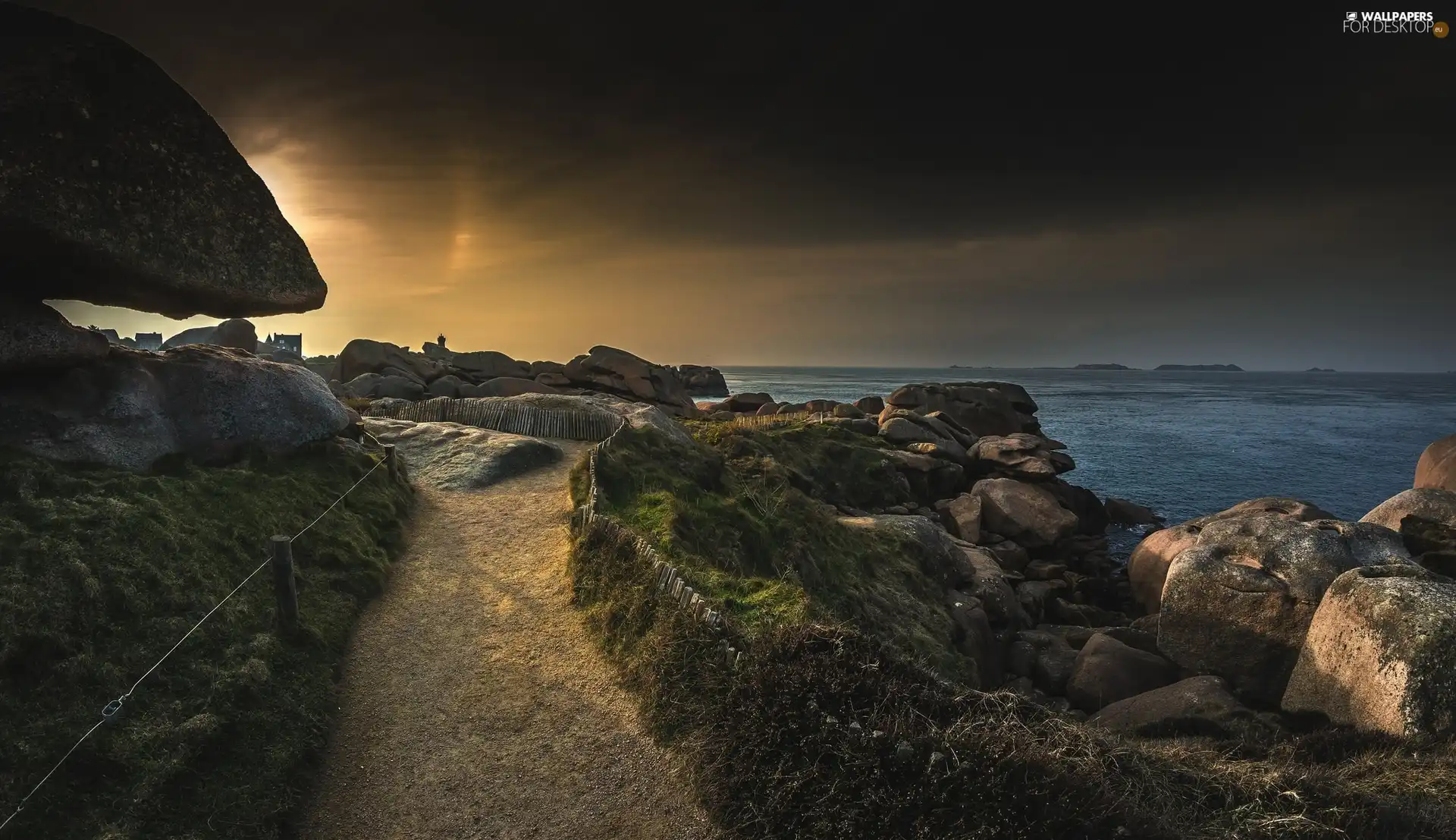 rays, sun, rocks, Way, sea