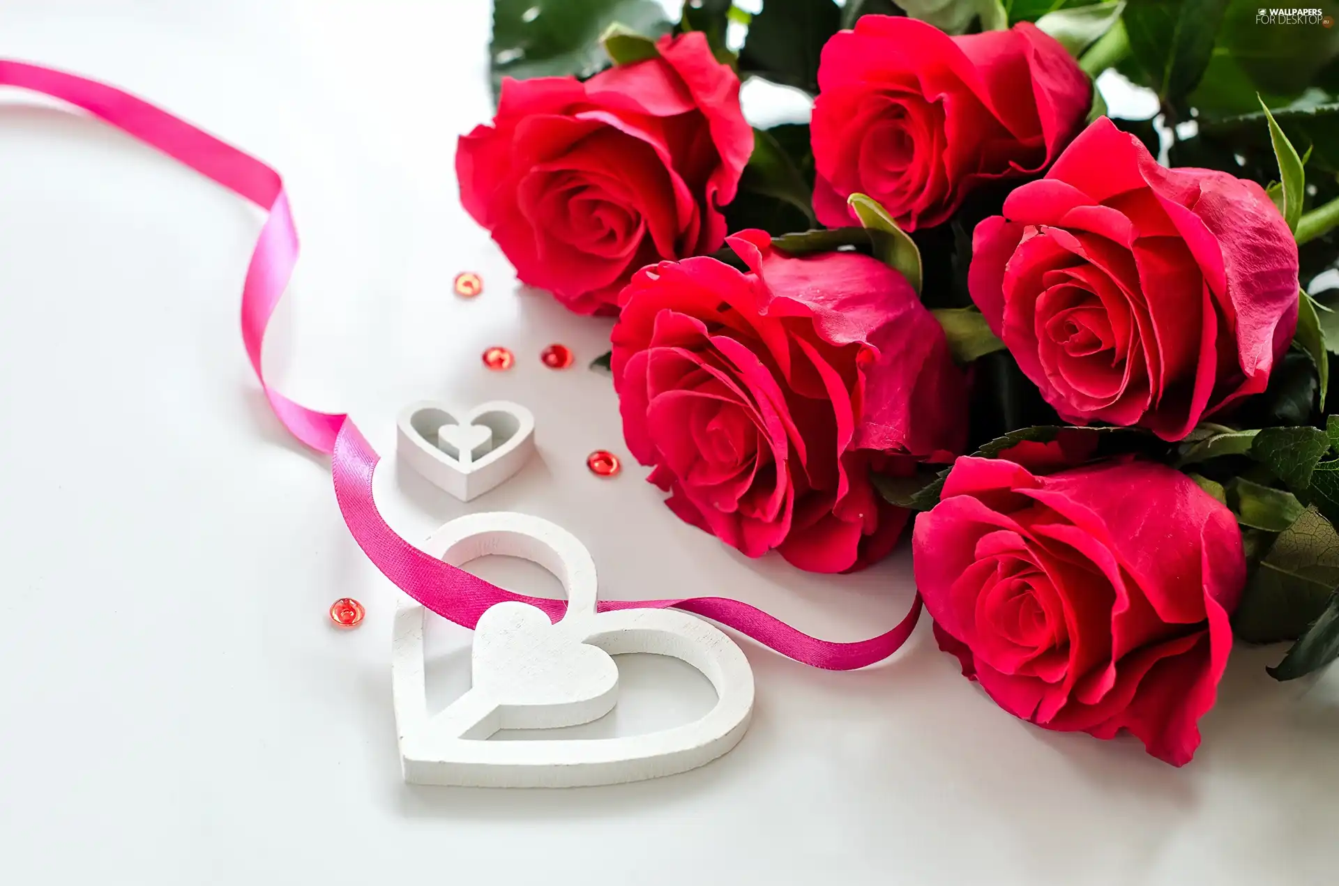 Red, Bouquet of Flowers, heart, ribbon, White, roses