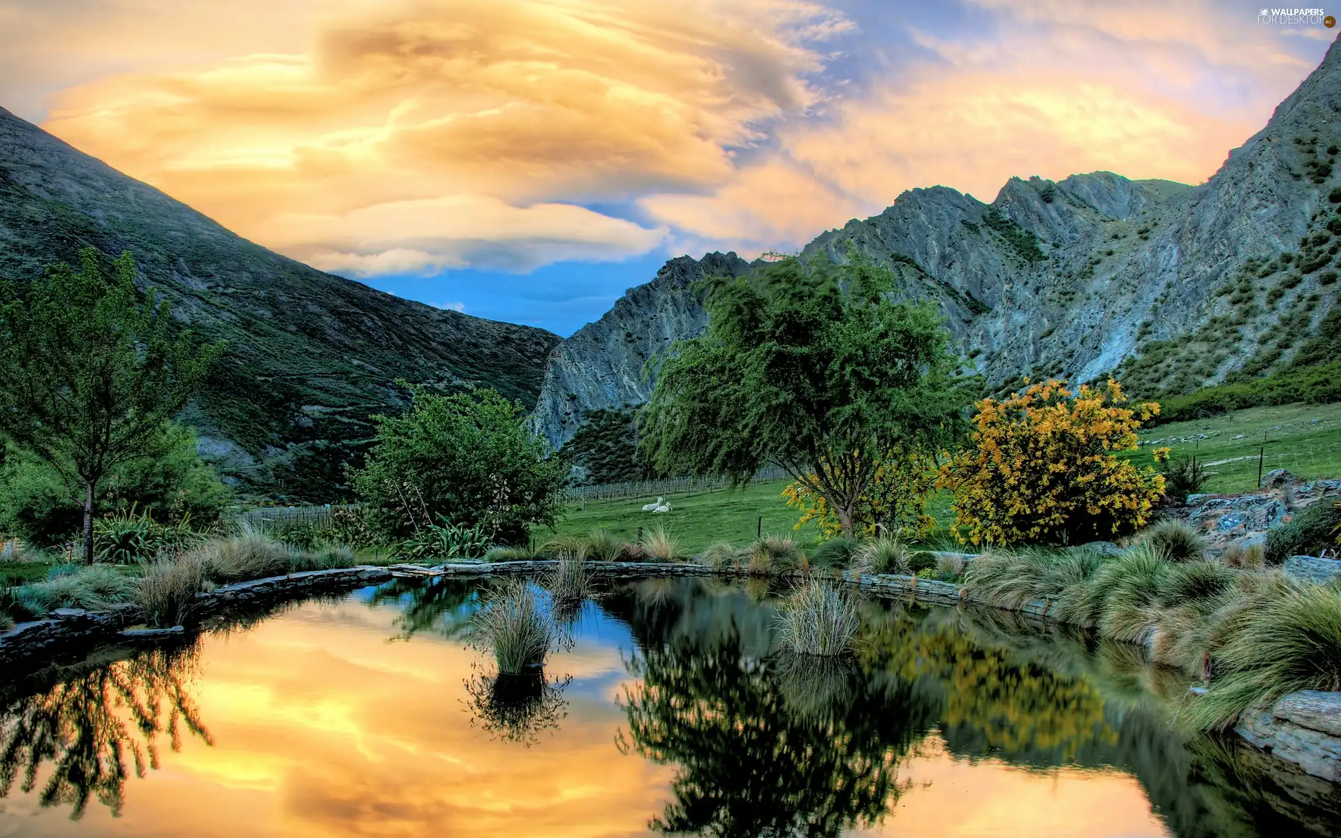 Pond - car, Mountains, reflection, clouds