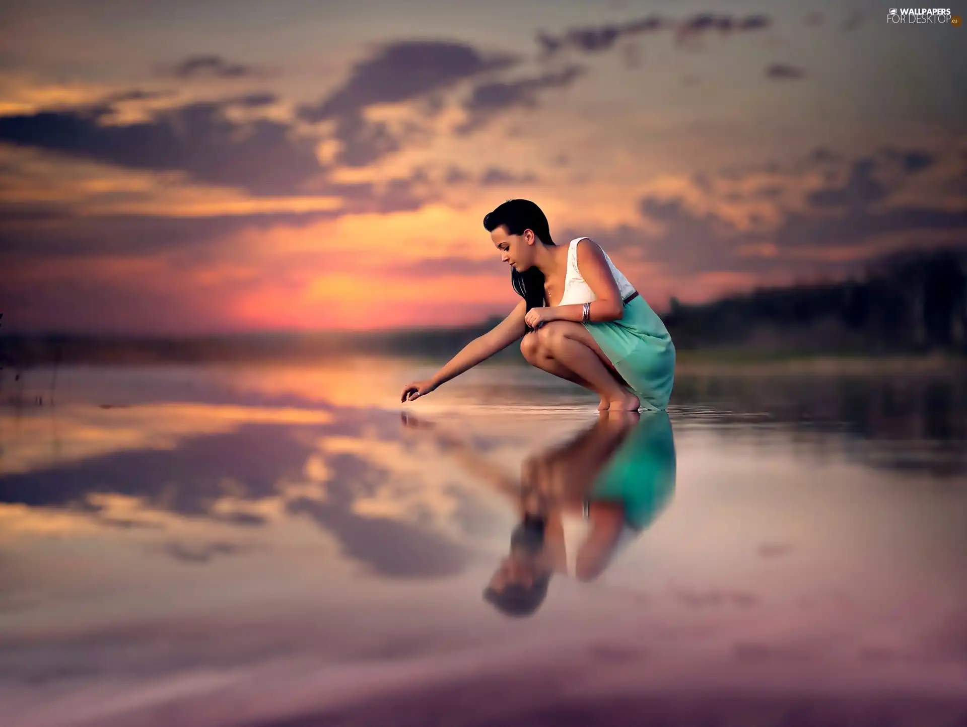 lake, Women, reflection, Great Sunsets