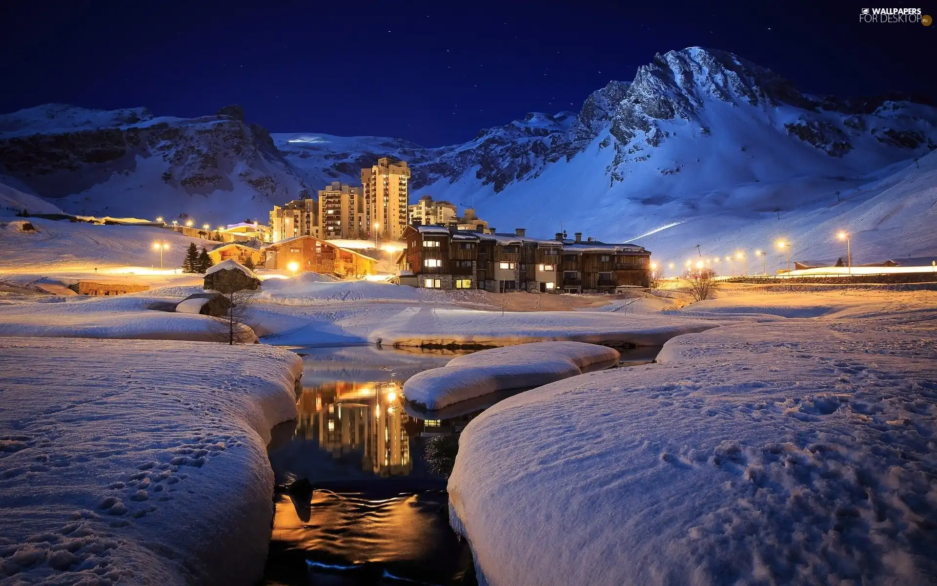 Houses, Mountains, reflection, Night, River, illuminated