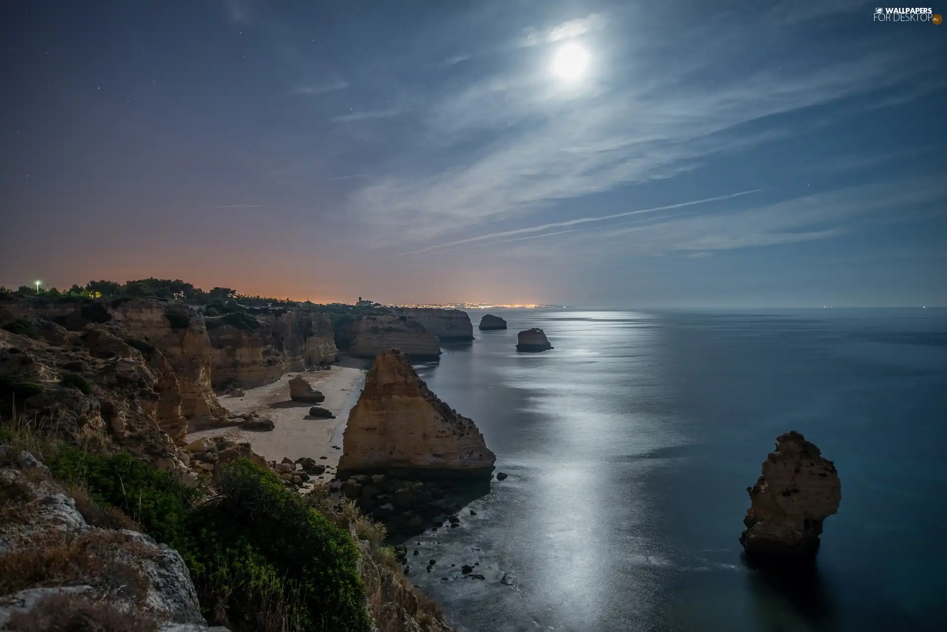 sea, moon, reflection, Night