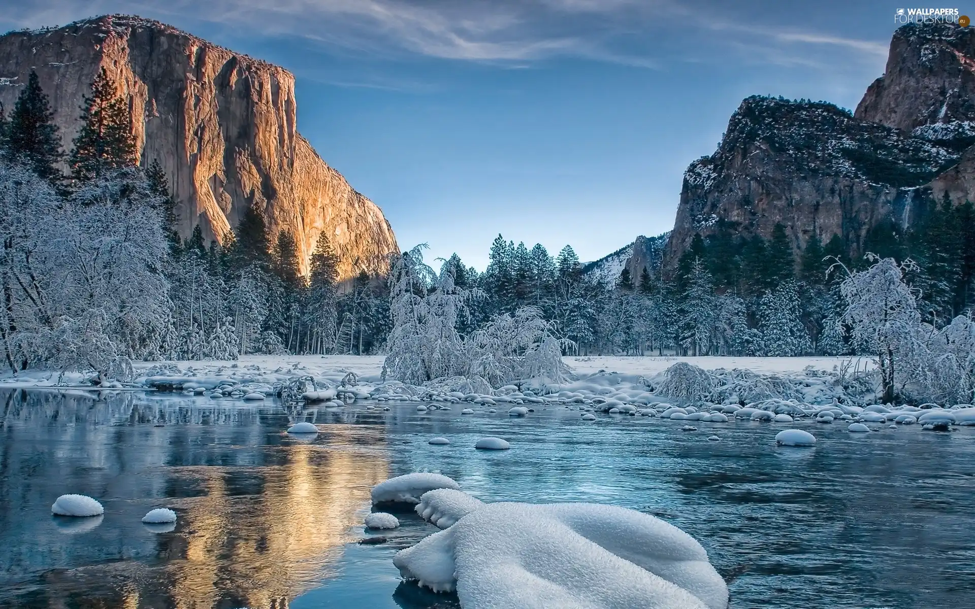 winter, Mountains, reflection, River