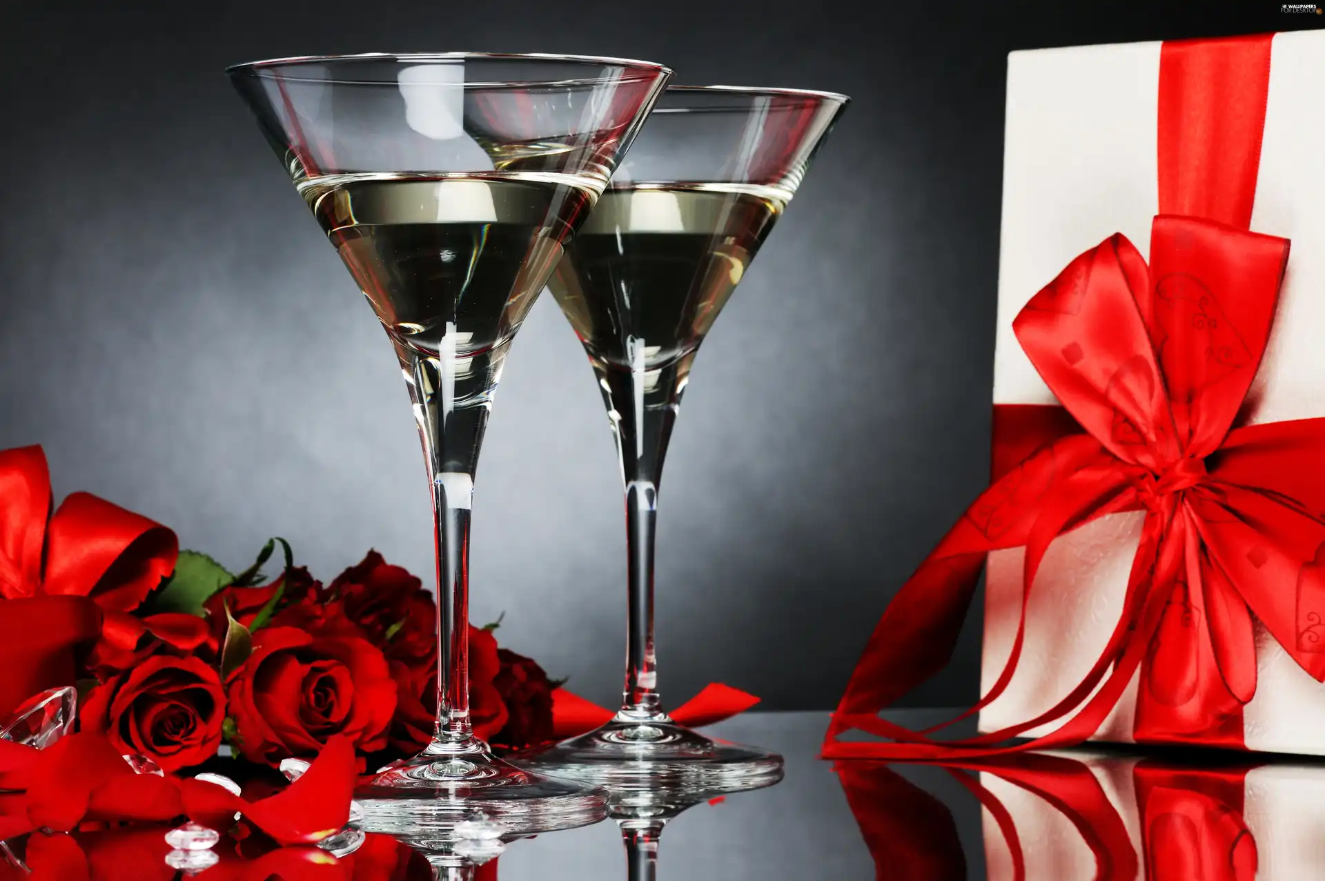 roses, Present, ribbon, champagne