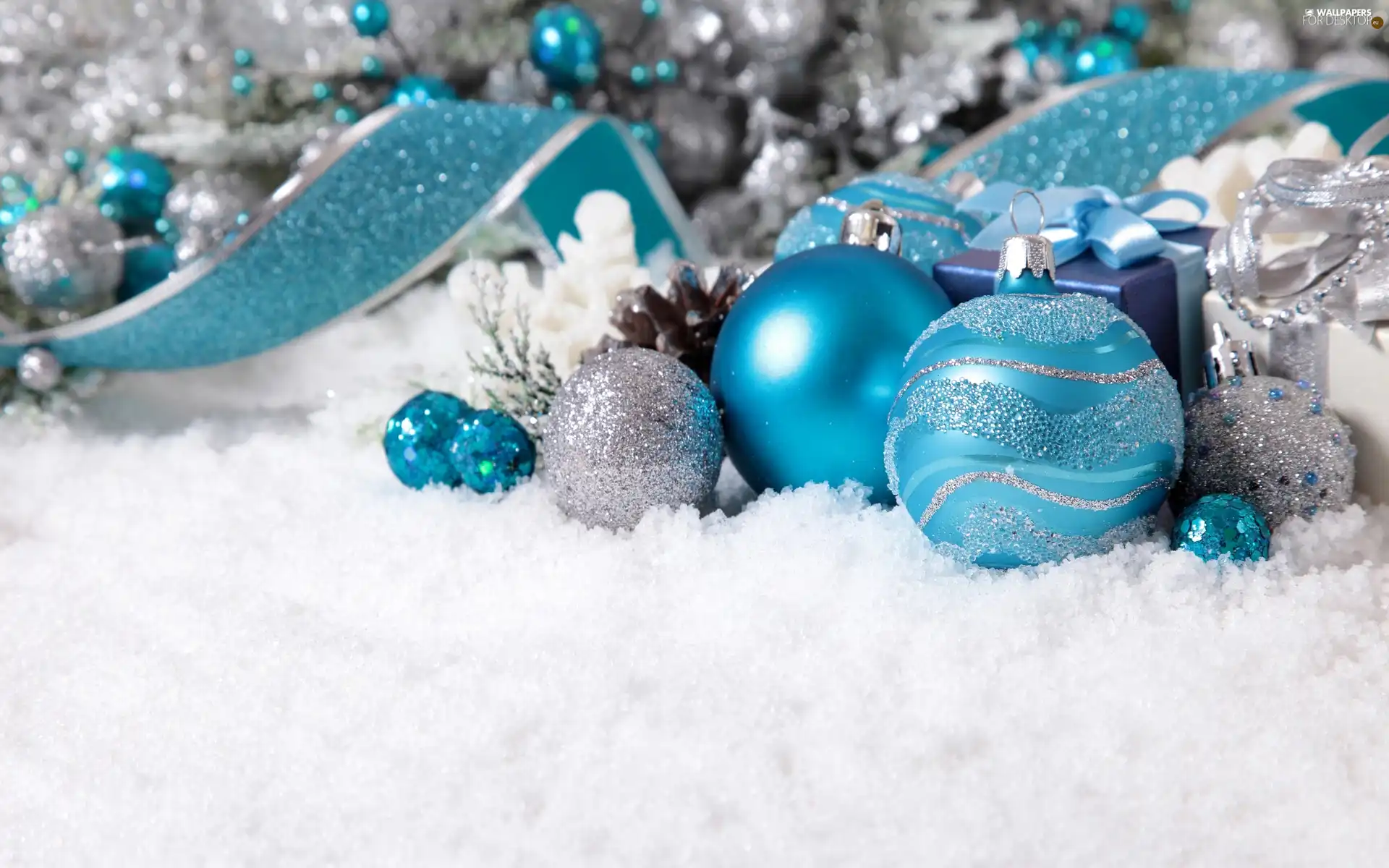 ribbon, turquoise, Christmas, baubles, decoration