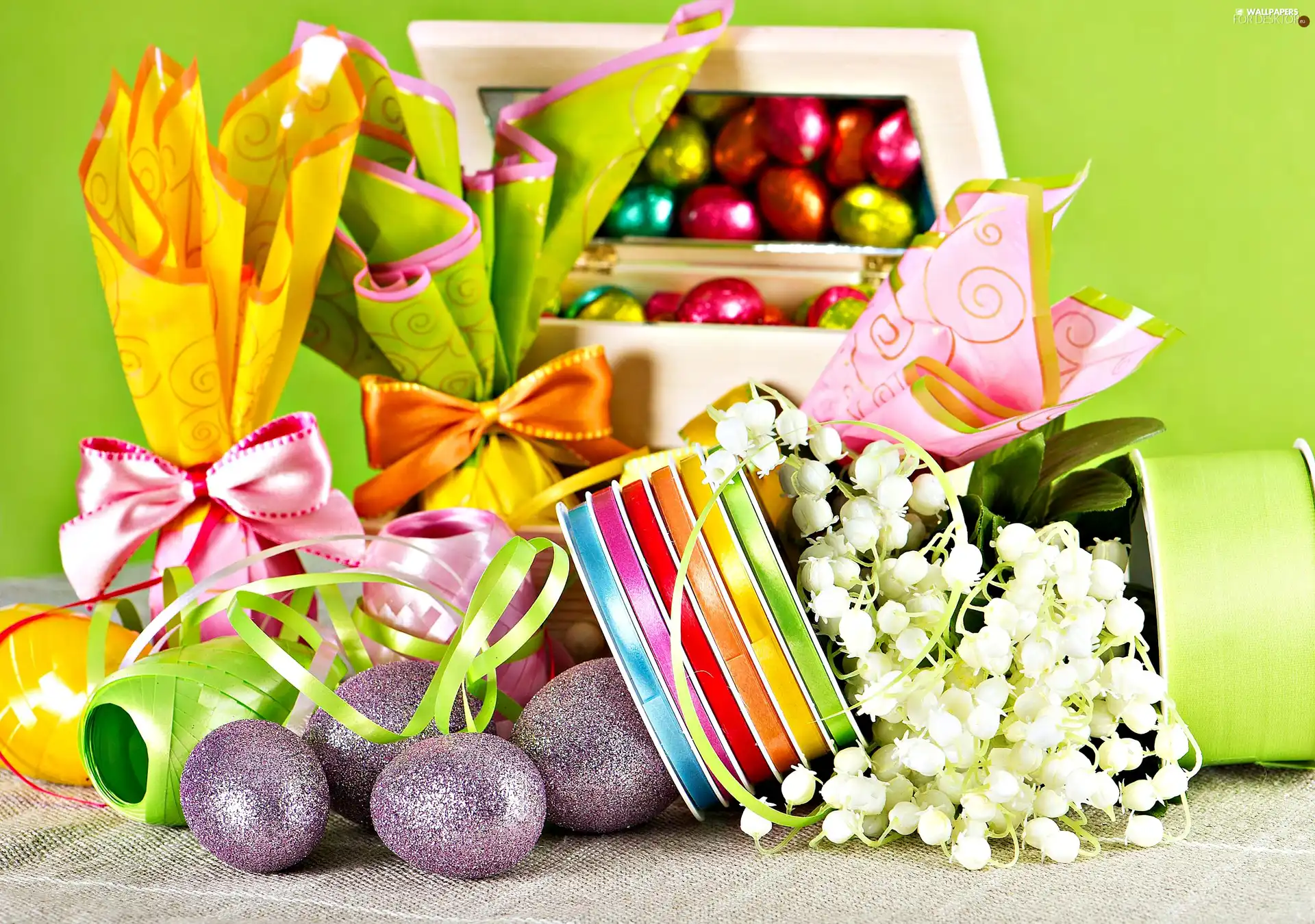 Ribbons, lilies, eggs, gifts, easter