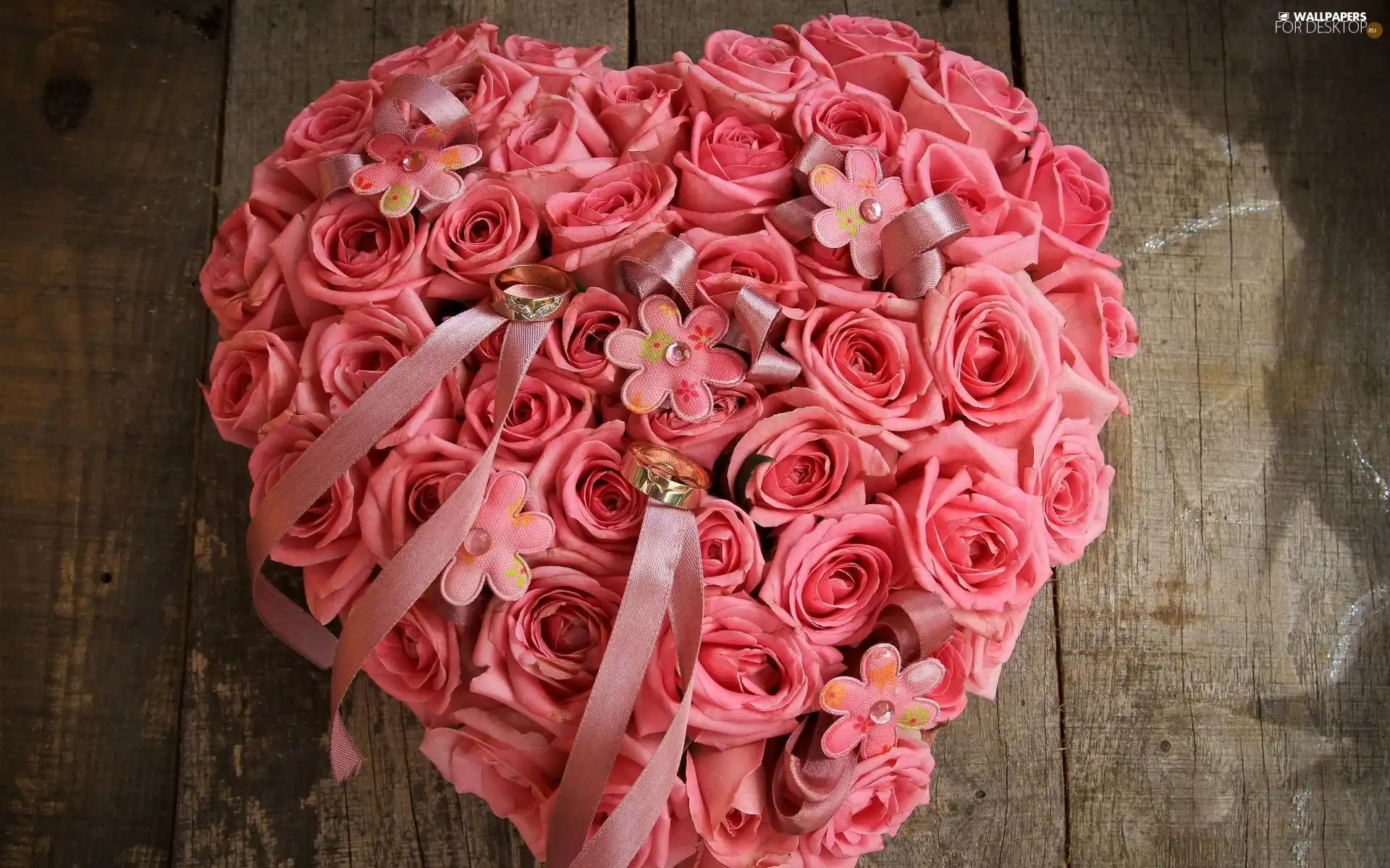 Pink, Heart, Ribbons, roses