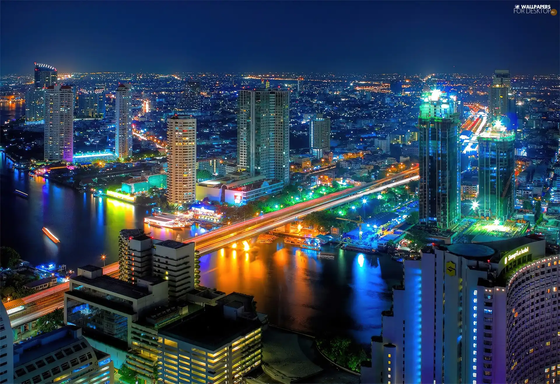 River, bridge, Town, night, Bangkok