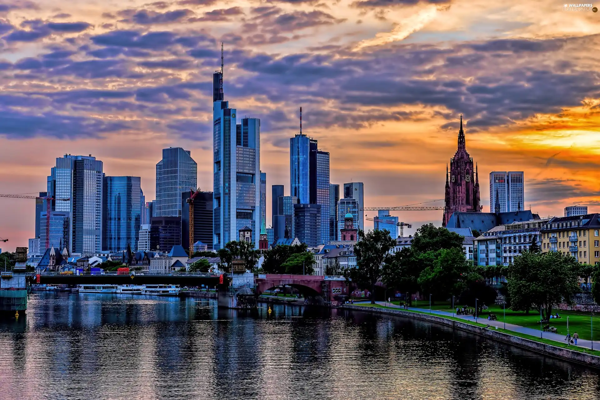 River, Great Sunsets, Germany, Frankfurt, Town, skyscraper