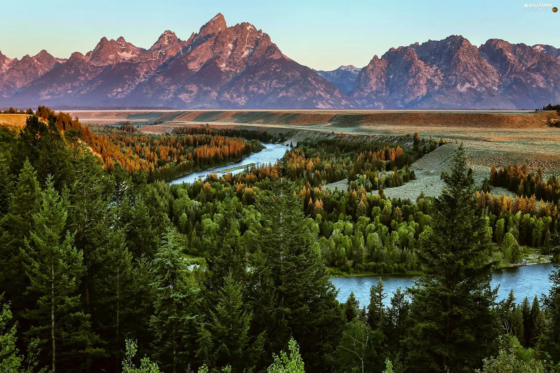 Mountains, winding, River, woods