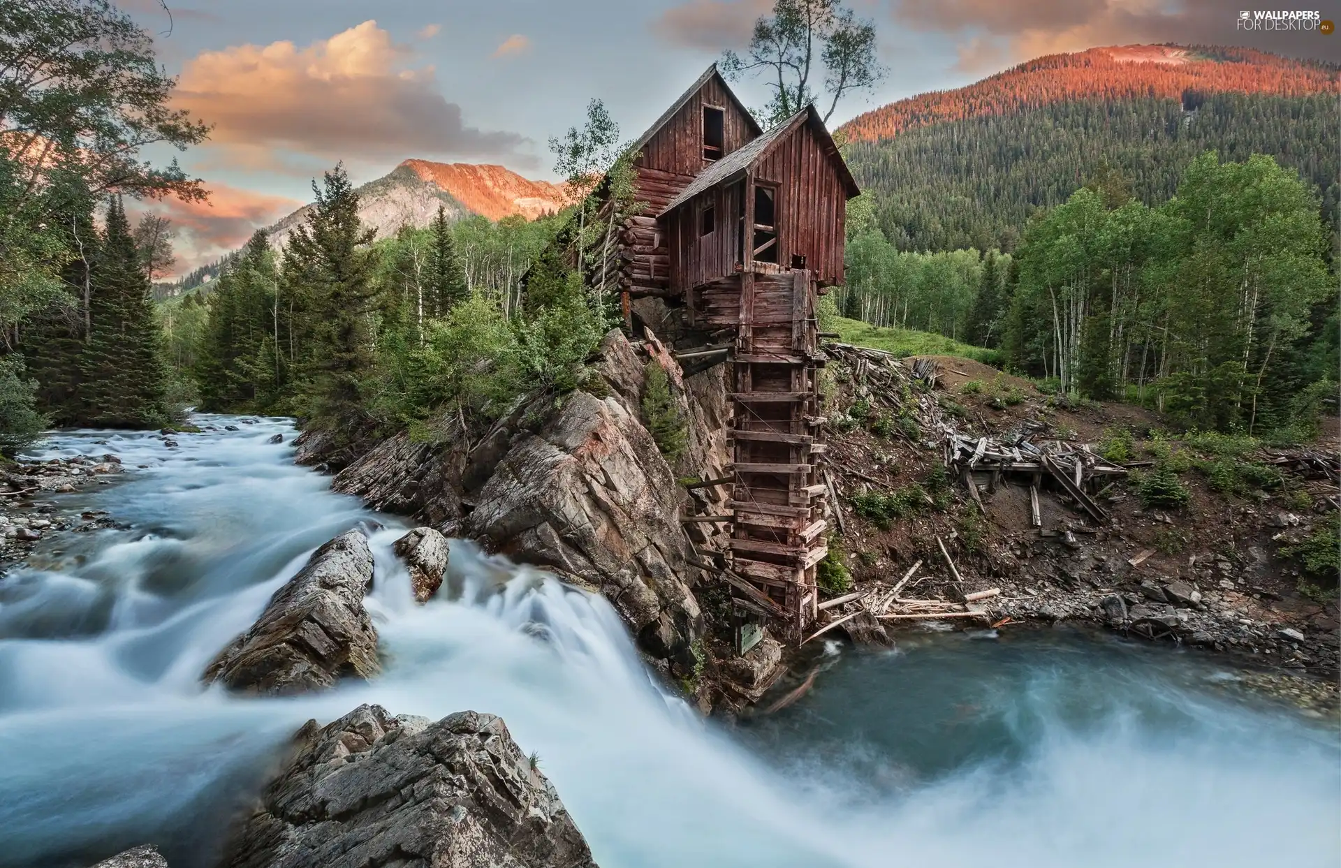 Mountains, Windmill, River, Old car