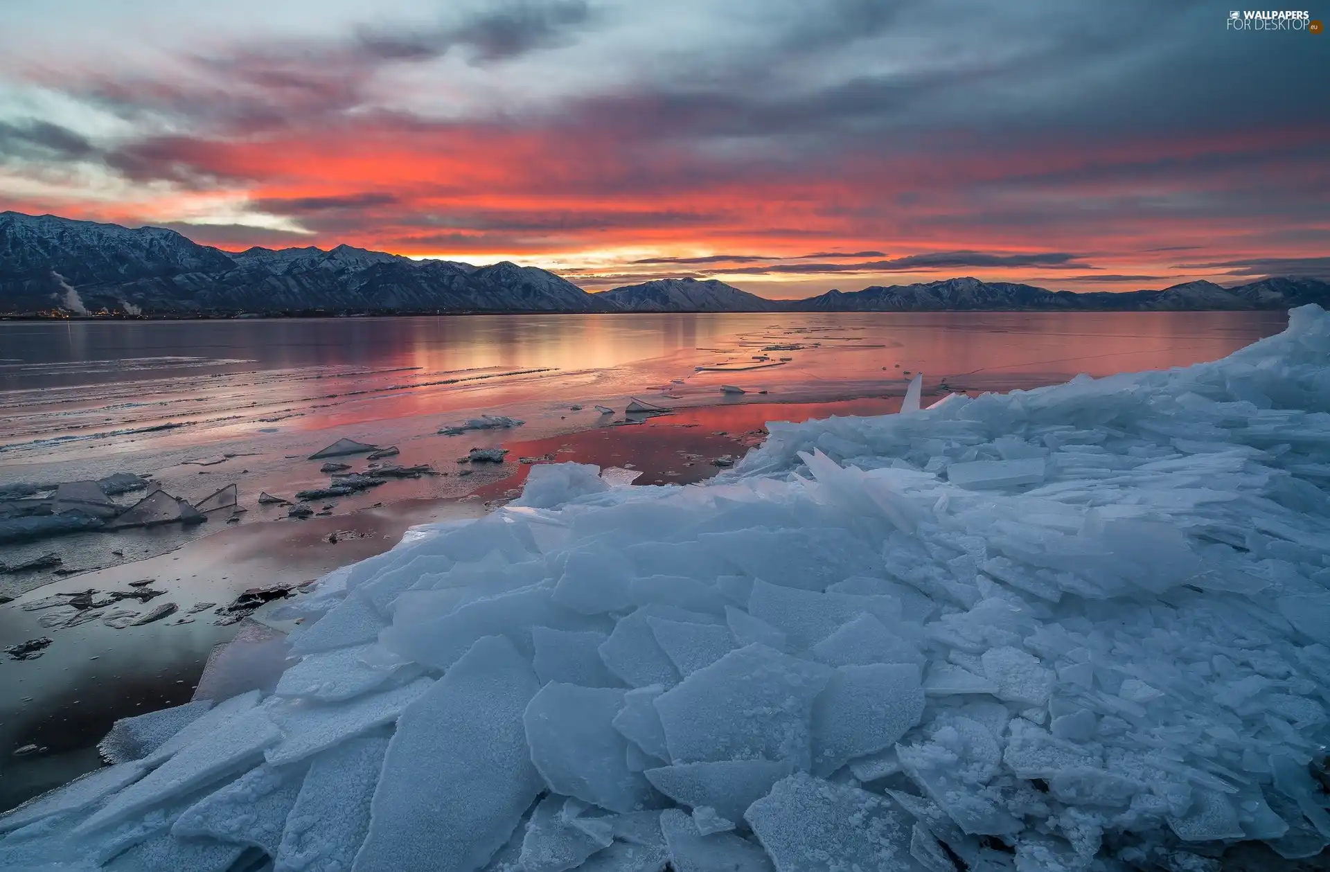 River, winter, panels, ice, Great Sunsets, Mountains