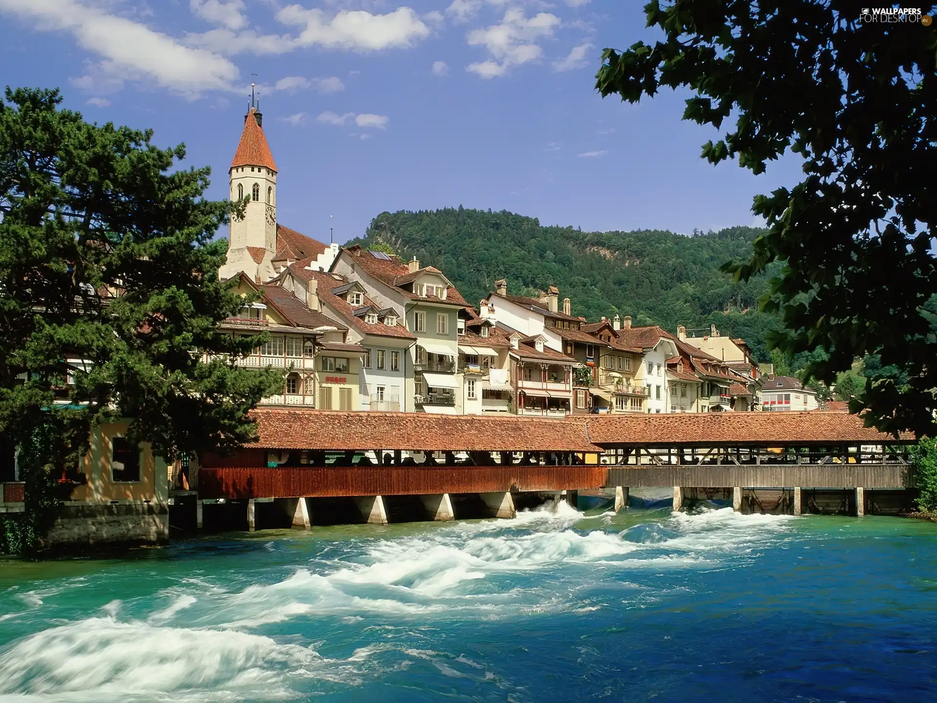 panorama, by, river, town