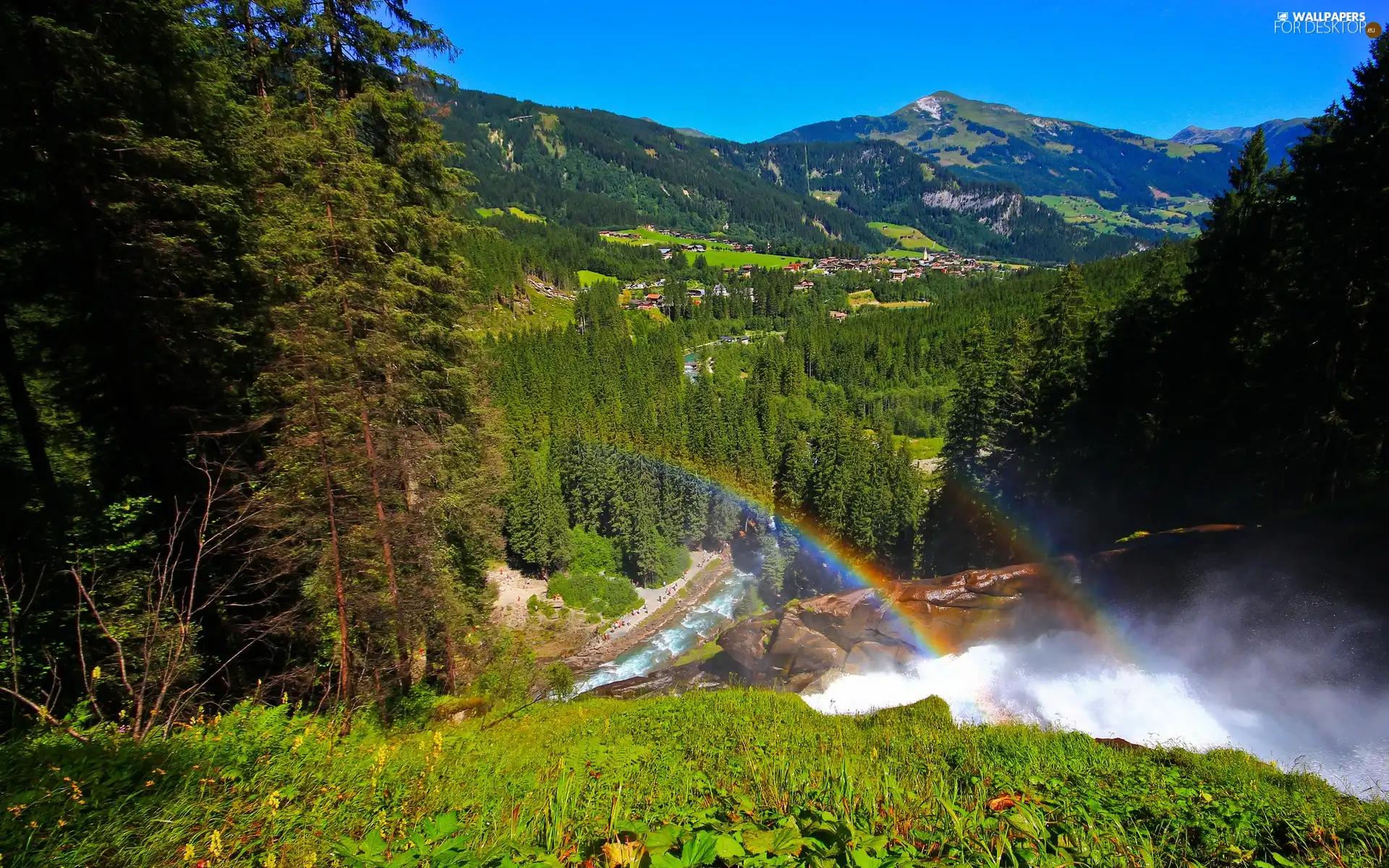 River, panorama, Mountains, woods, Great Rainbows