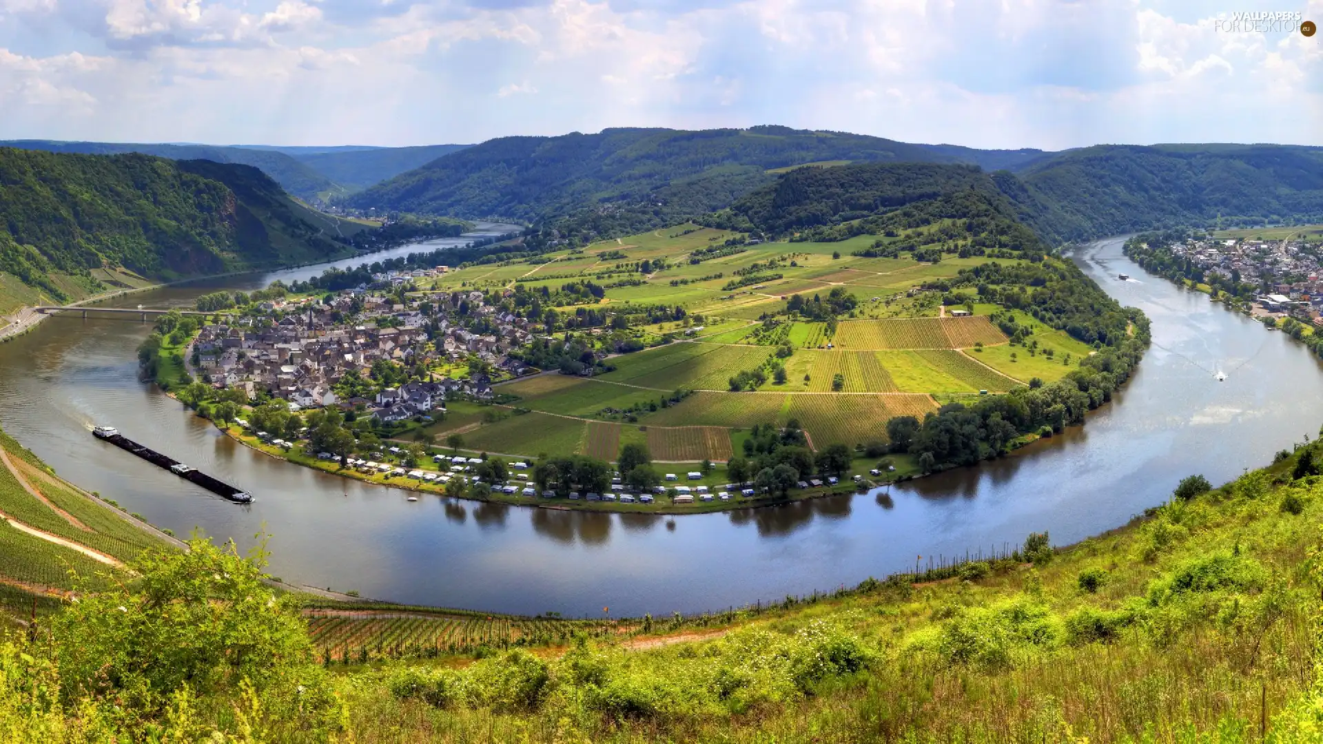 panorama, great, River, town