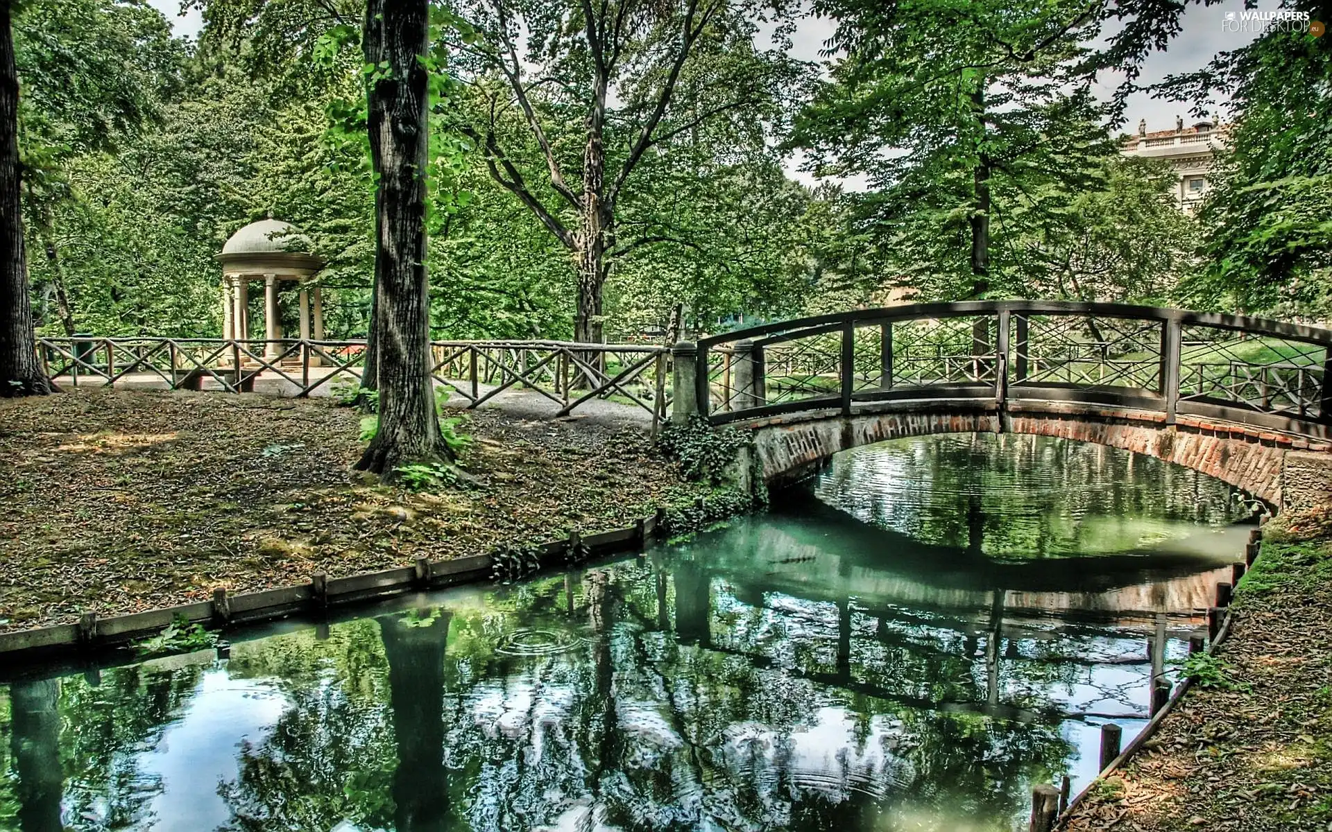 viewes, Park, River, reflection, bridge, trees