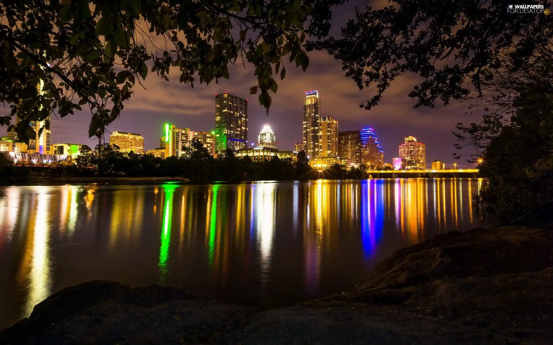 River, reflection, night, light, Town