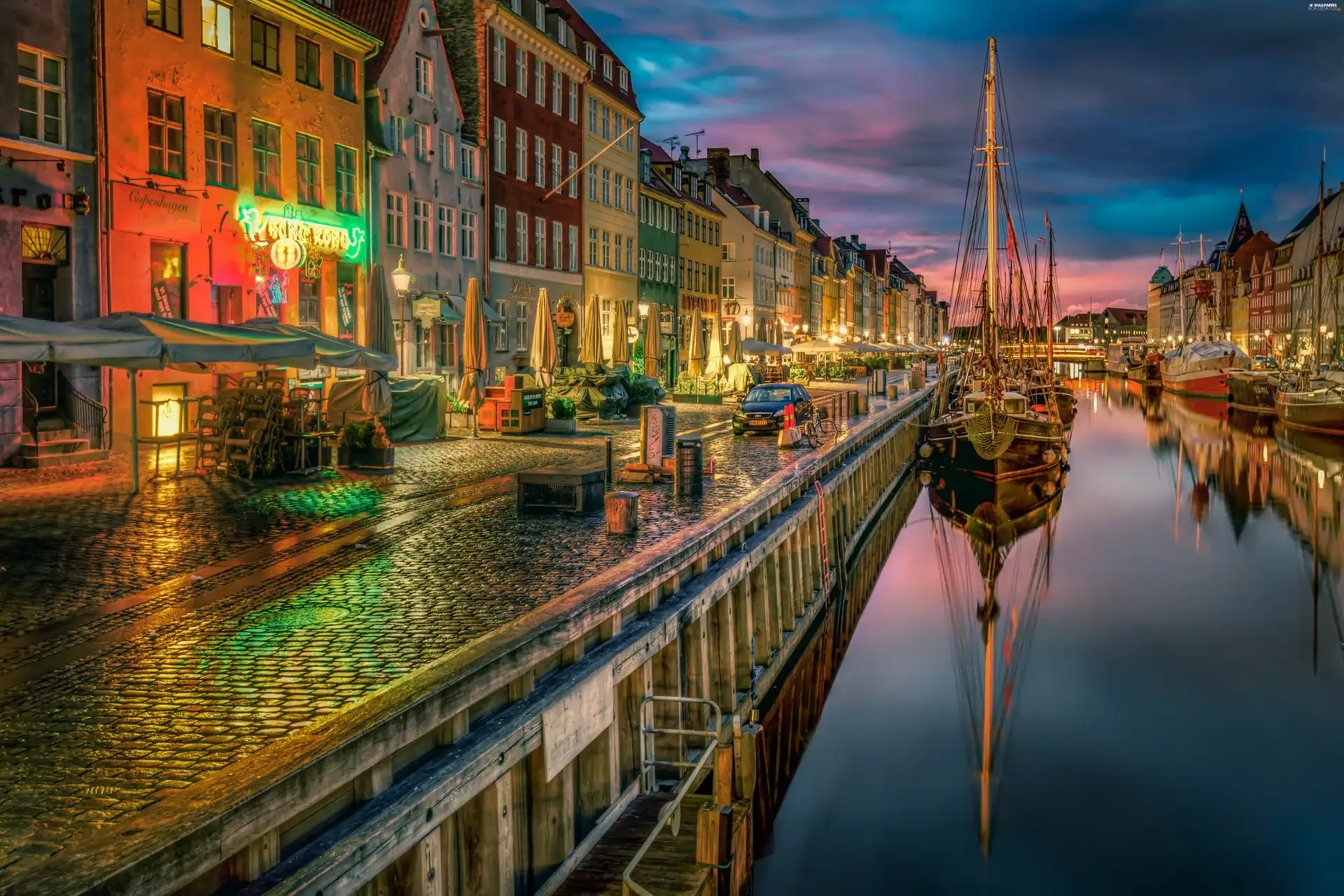 Ship, City at Night, Denmark, River, Houses, Copenhagen, port