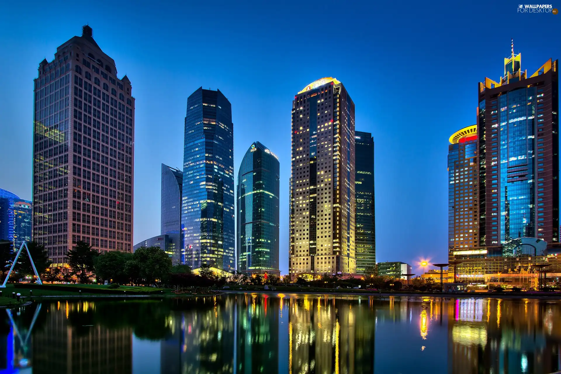 Night, China, light, Town, Szanghaj, River, skyscraper