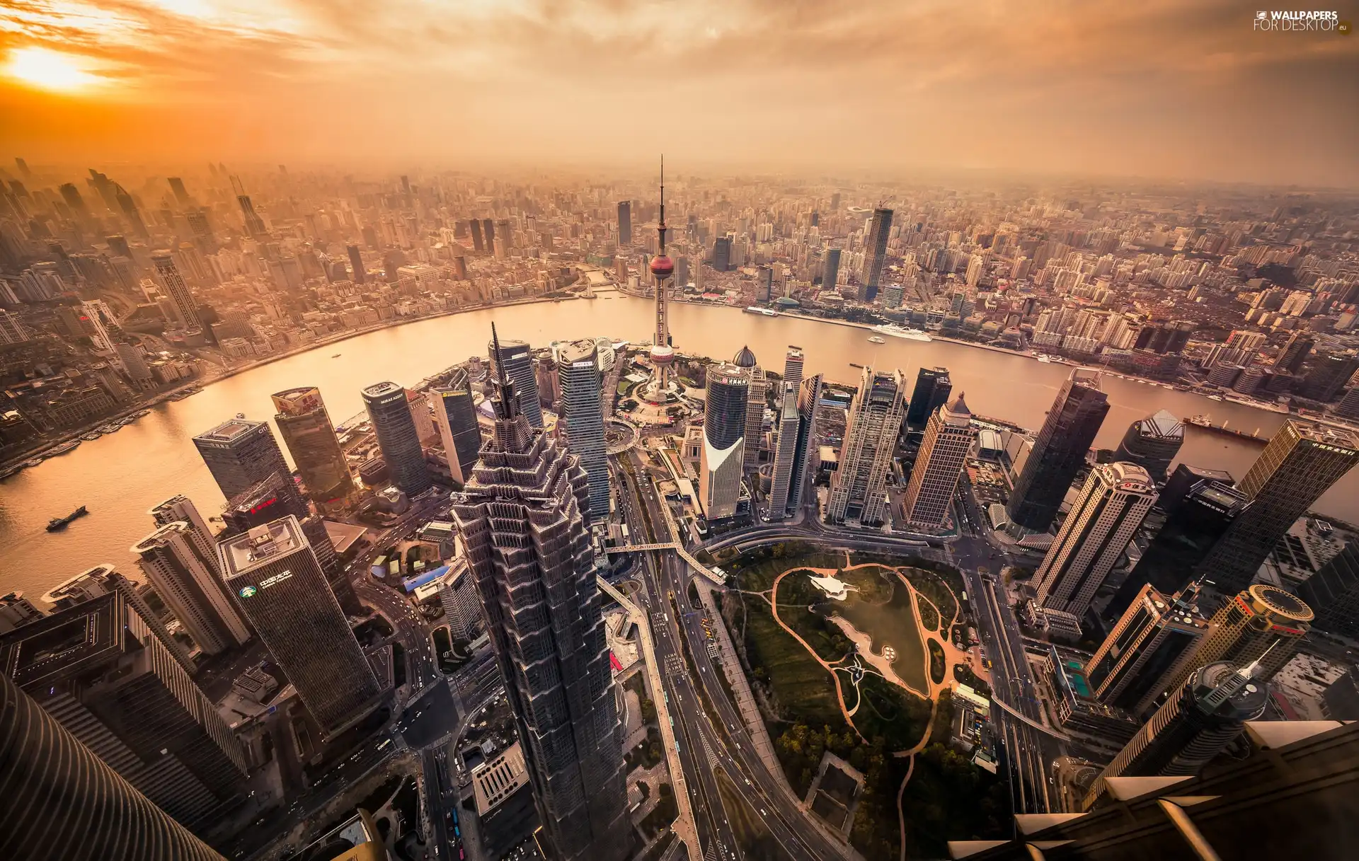 River, skyscraper, Town, Aerial View, China