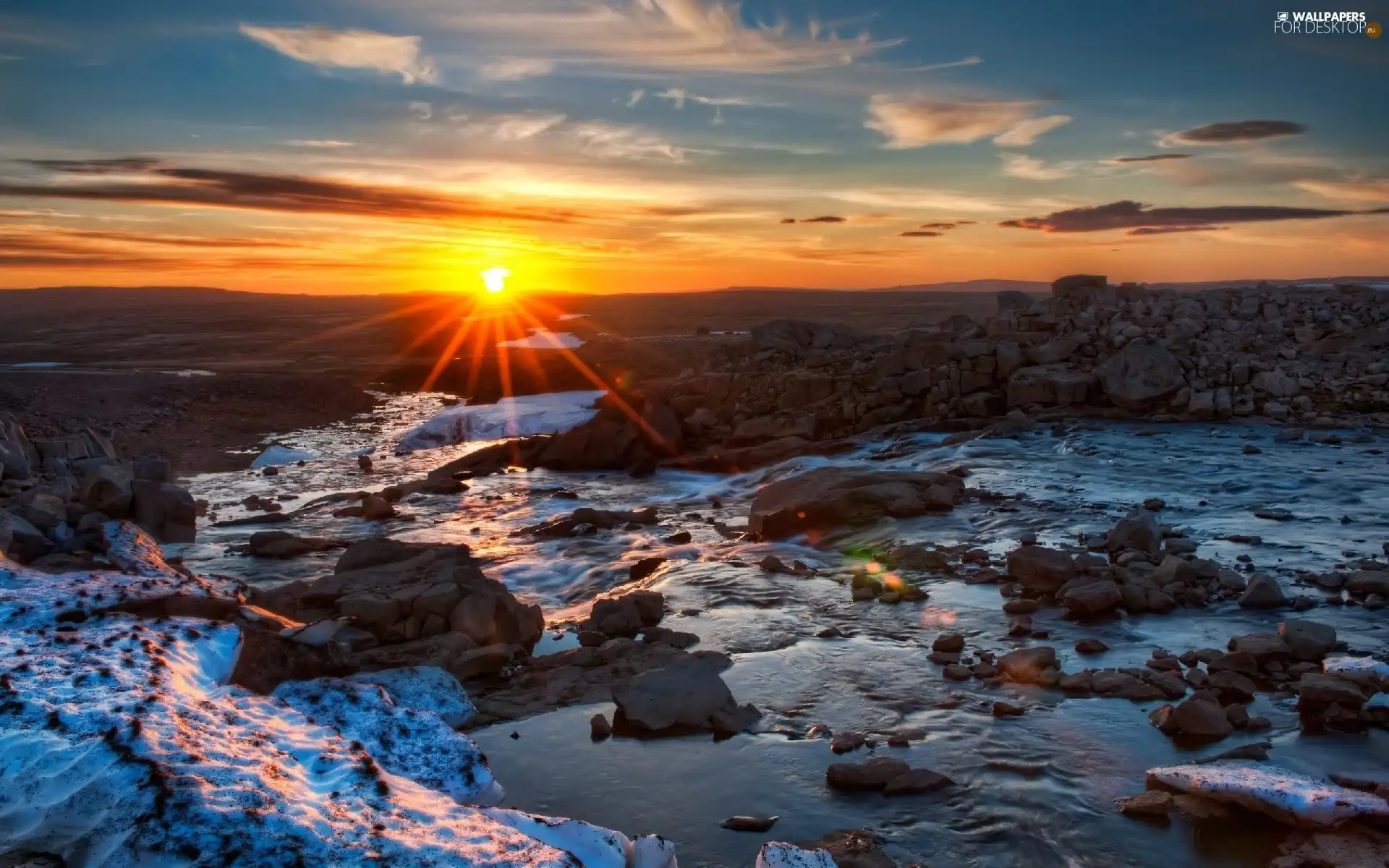 west, Stones, River, sun