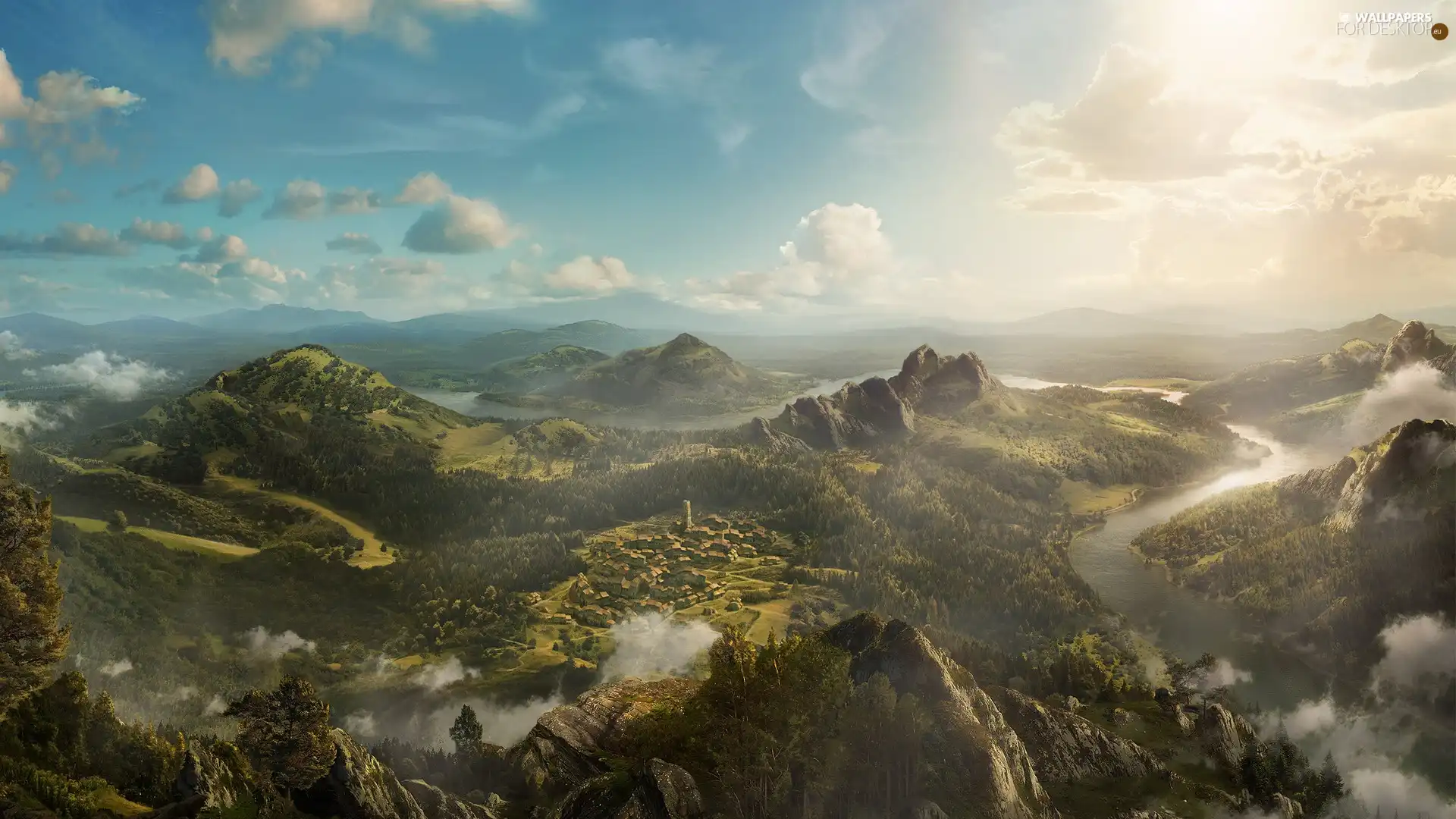 clouds, Valley, Roberto, Oleotto, River, Mountains
