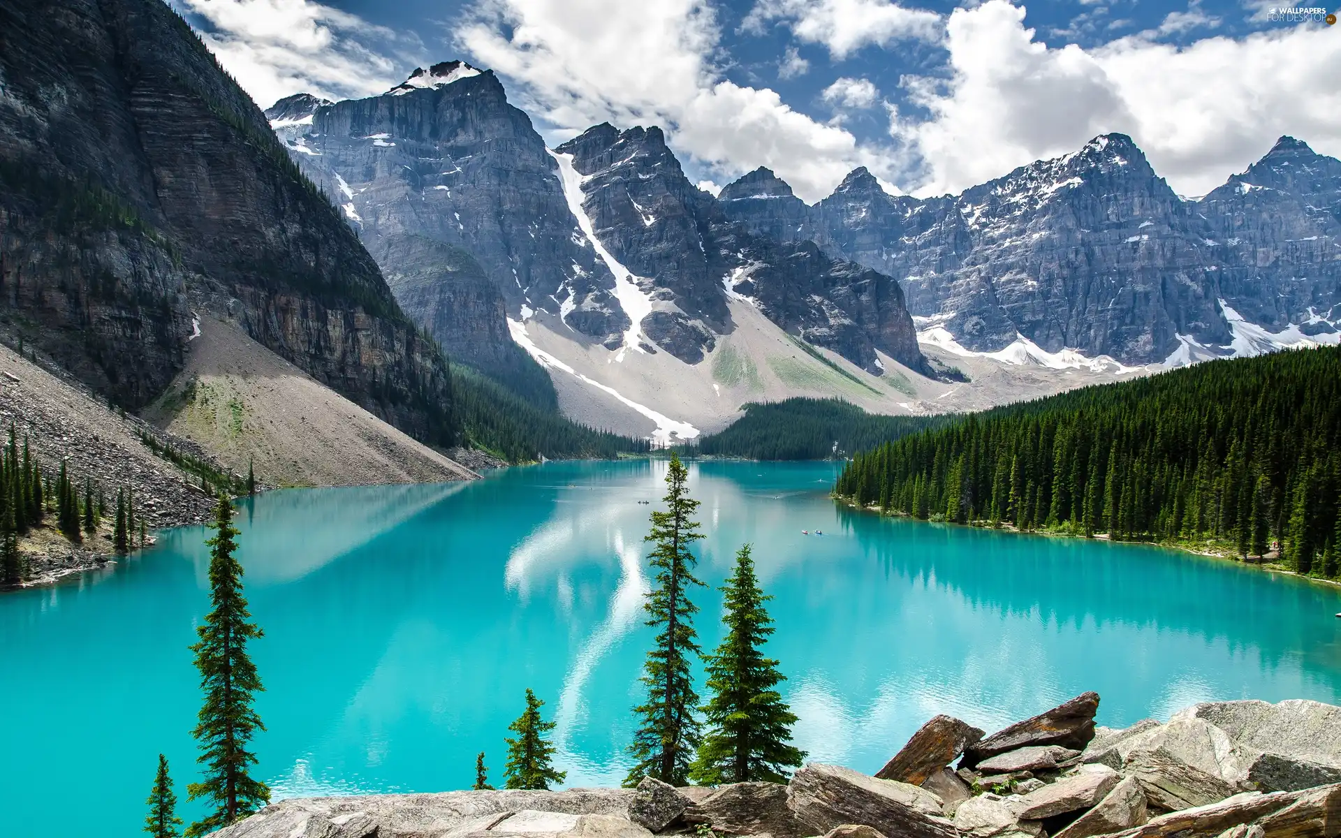 Mountains, Canada, forest, rocks, Lake Moraine, Banff National Park