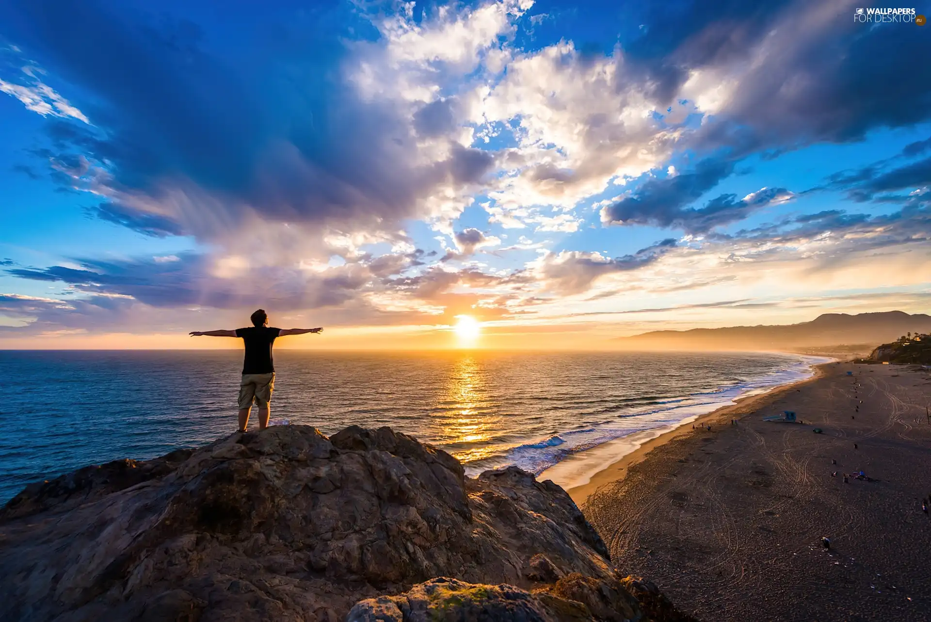 clouds, Great Sunsets, sea, Rocks, a man