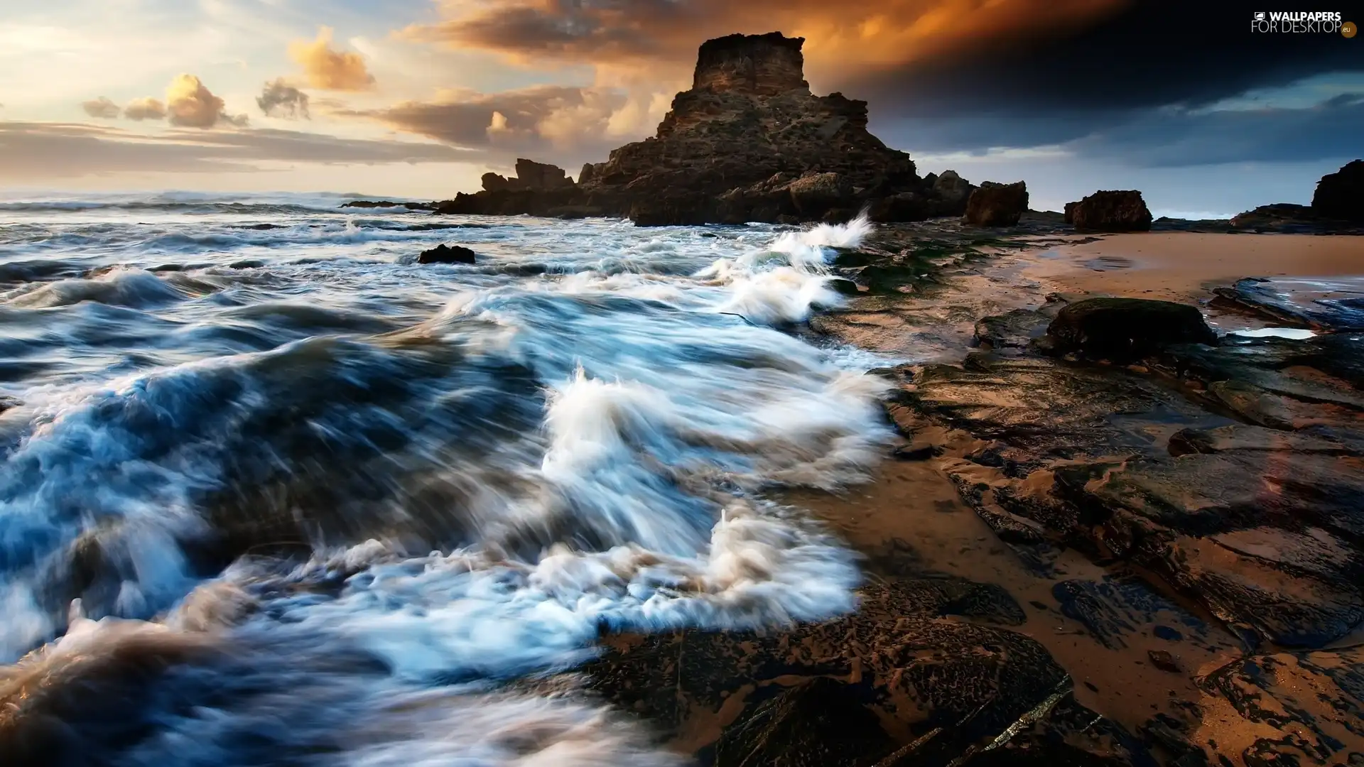 rocks, Waves, clouds