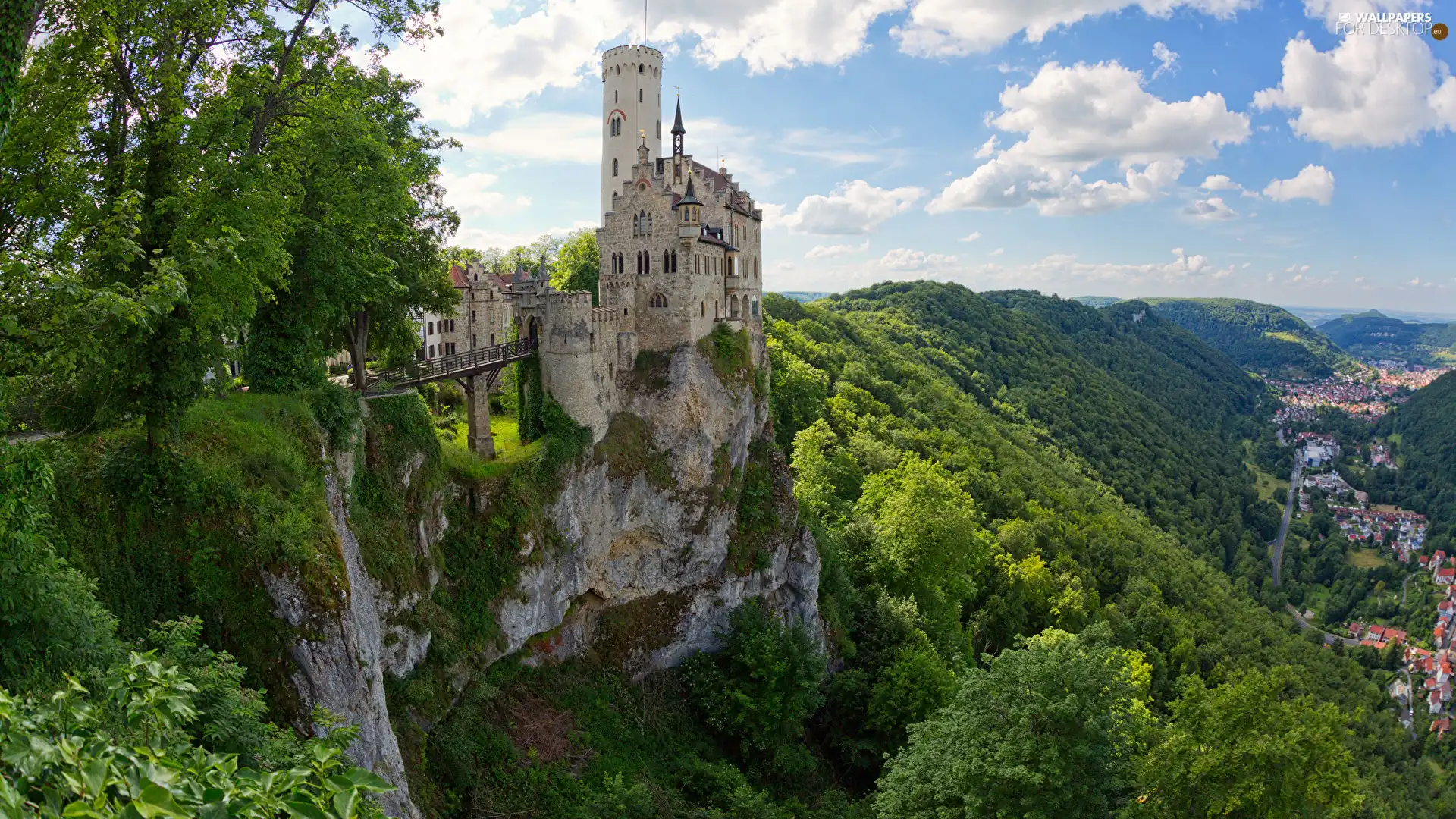 rocks, Lichtenstein Castle, viewes, The Hills, Germany, trees, VEGETATION