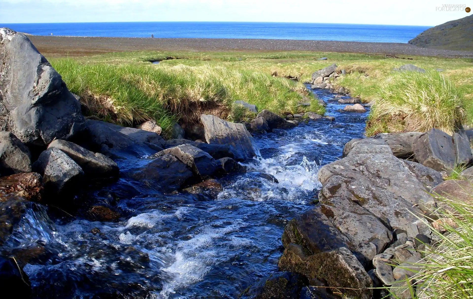 Sea, inflow, grass, Do, flux, rocks, mountains