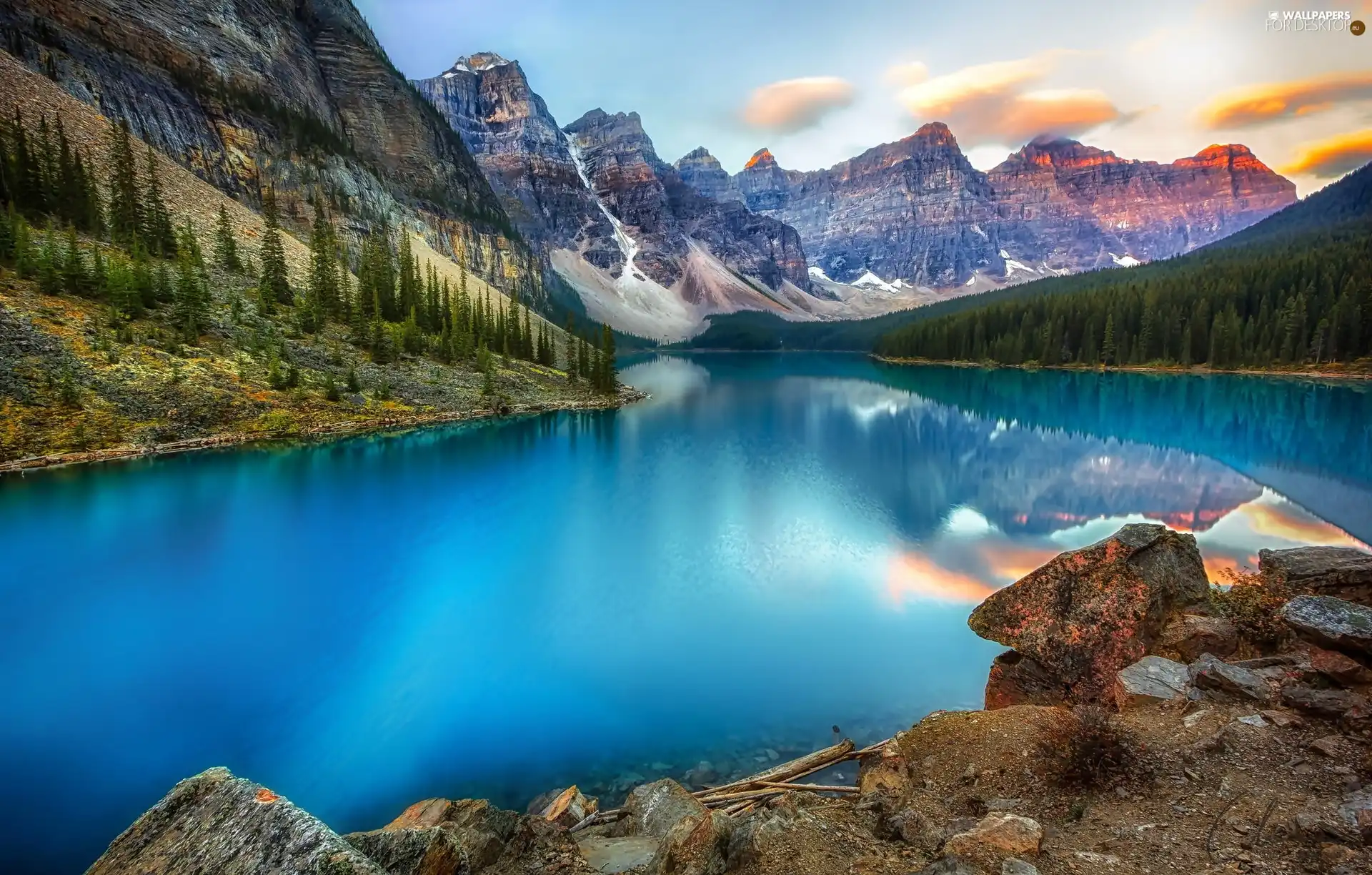 Mountains, lake, rocks, forest