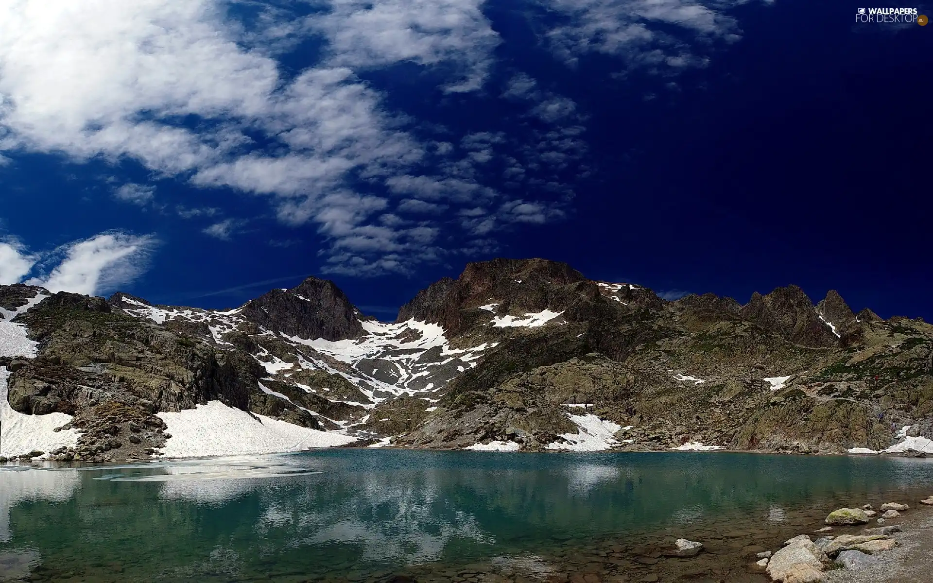 Mountains, lake, rocks, snow