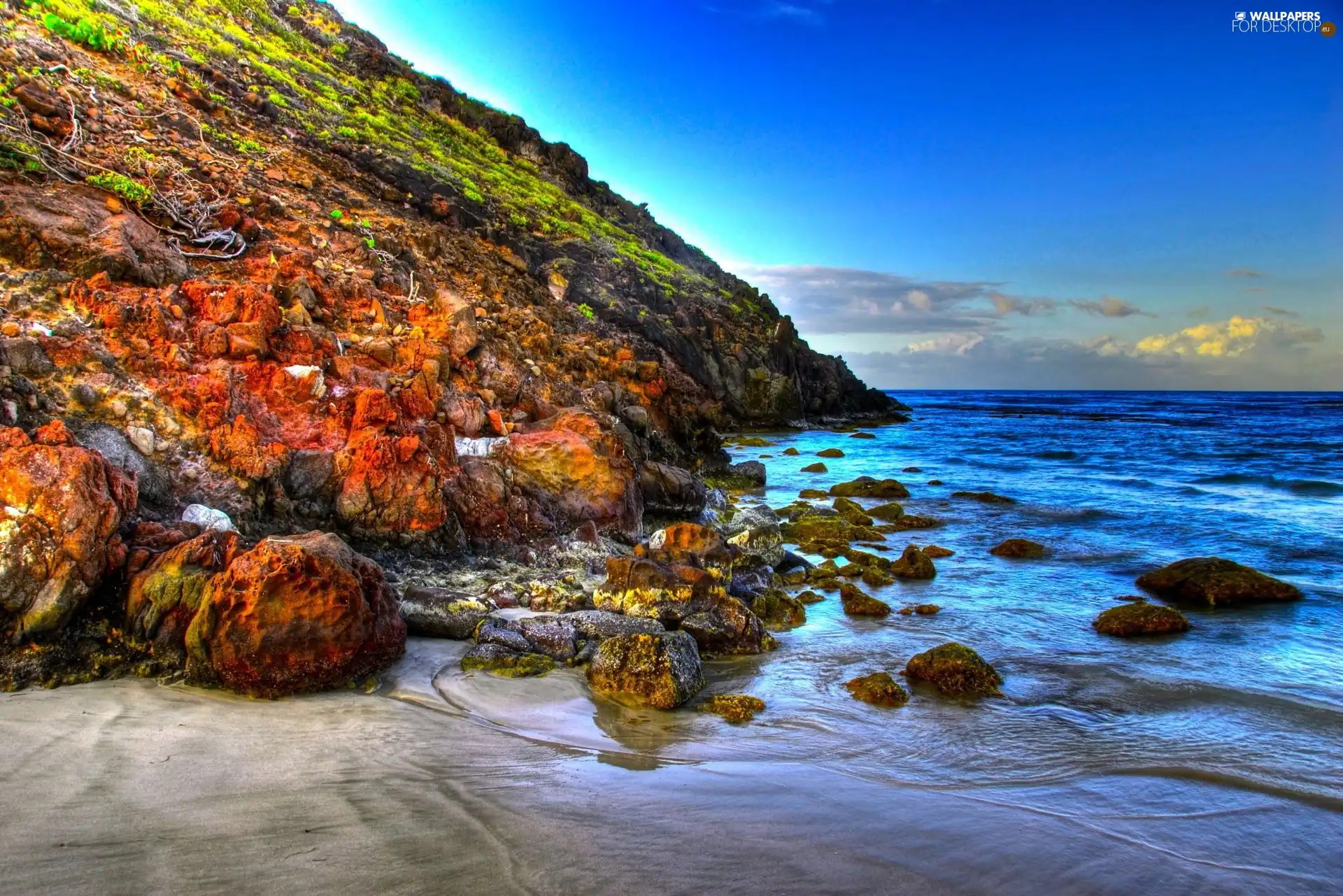 rocks, sea, mountains