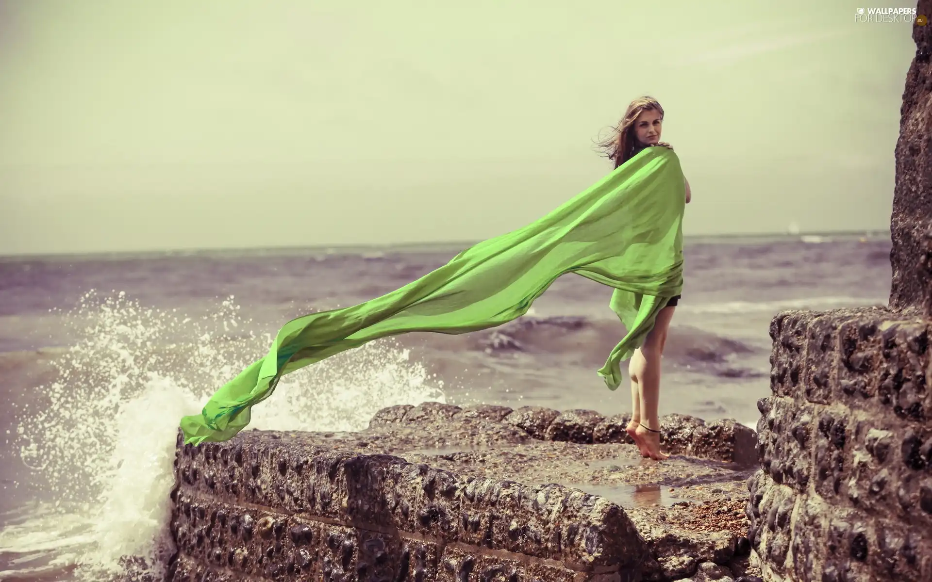 rocks, sea, Green, shawl, Women