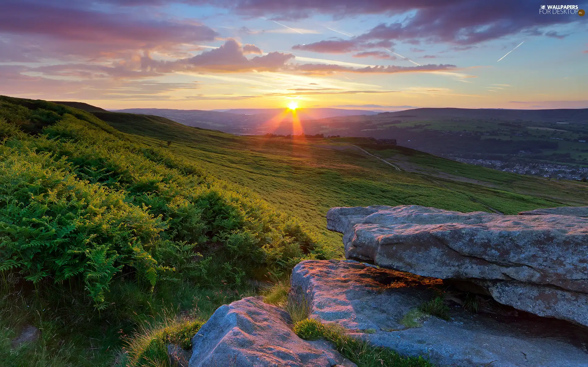 rocks, clouds, The Hills, Great Sunsets, Sky, fern, field