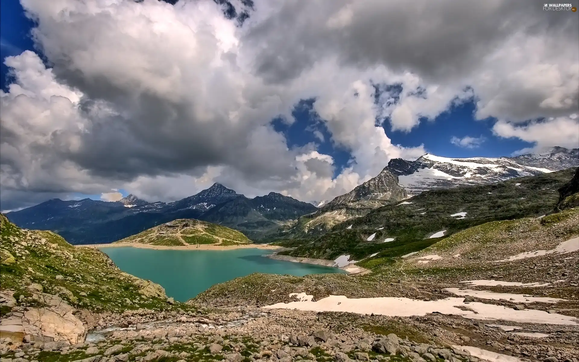 rocks, Stones, lake, clouds, Mountains