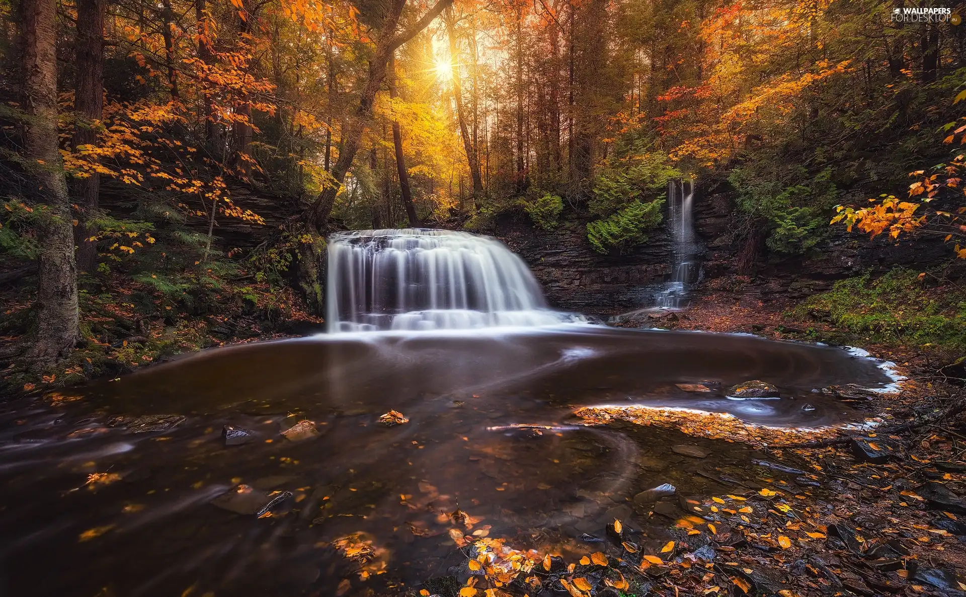 Rocks, autumn, Leaf, waterfall, forest, River, rays of the Sun