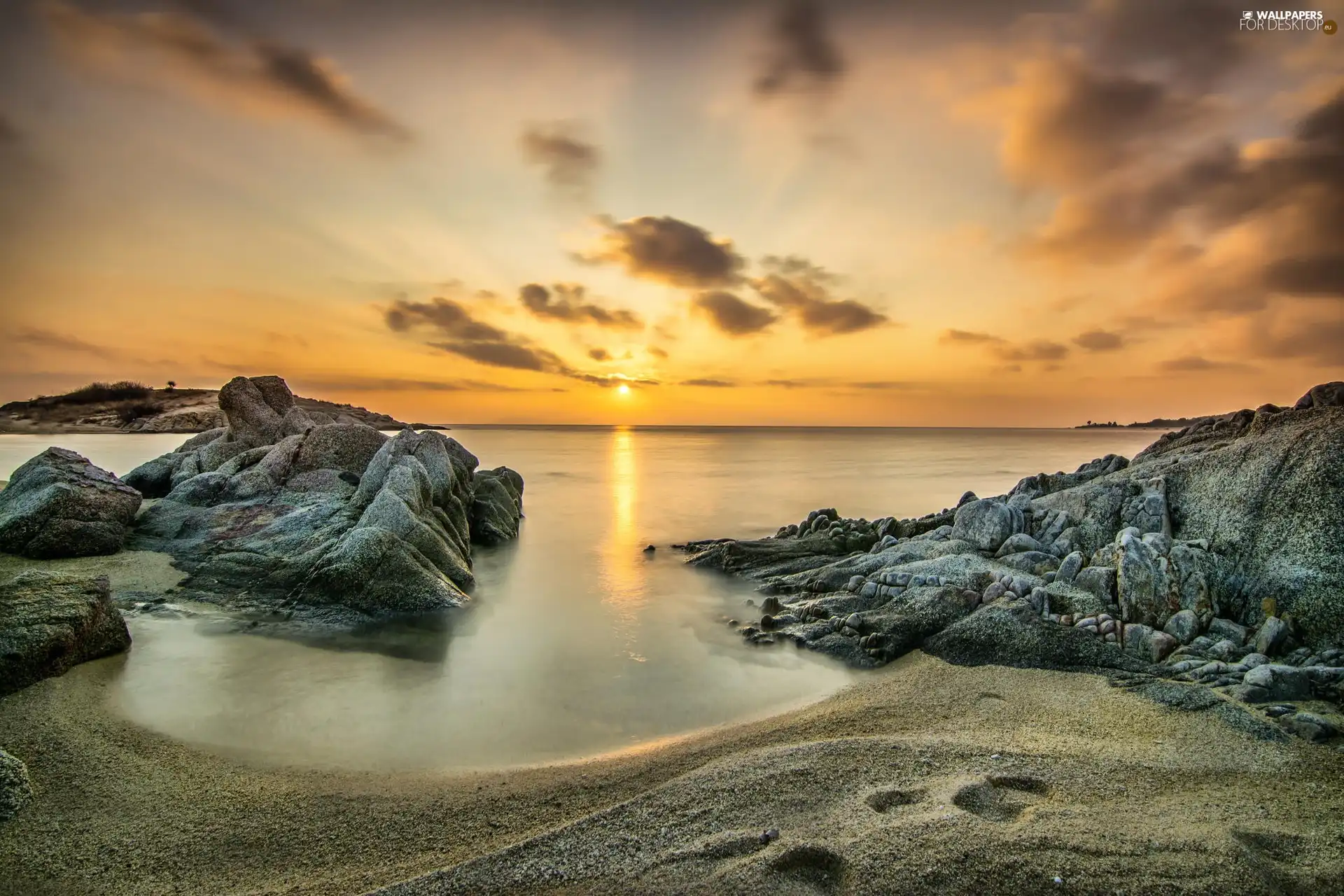 west, sea, rocks, sun