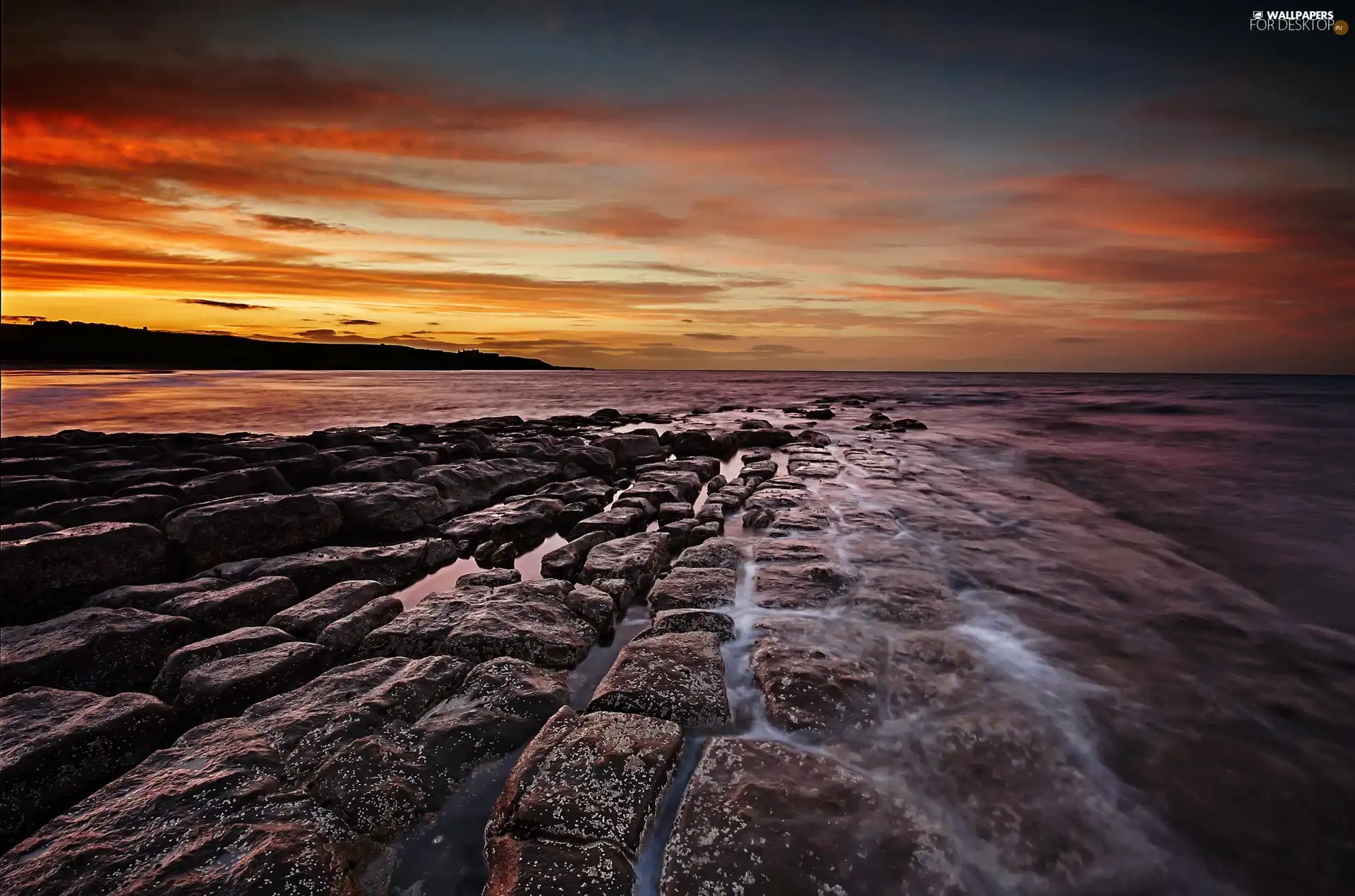 west, sea, rocks, sun