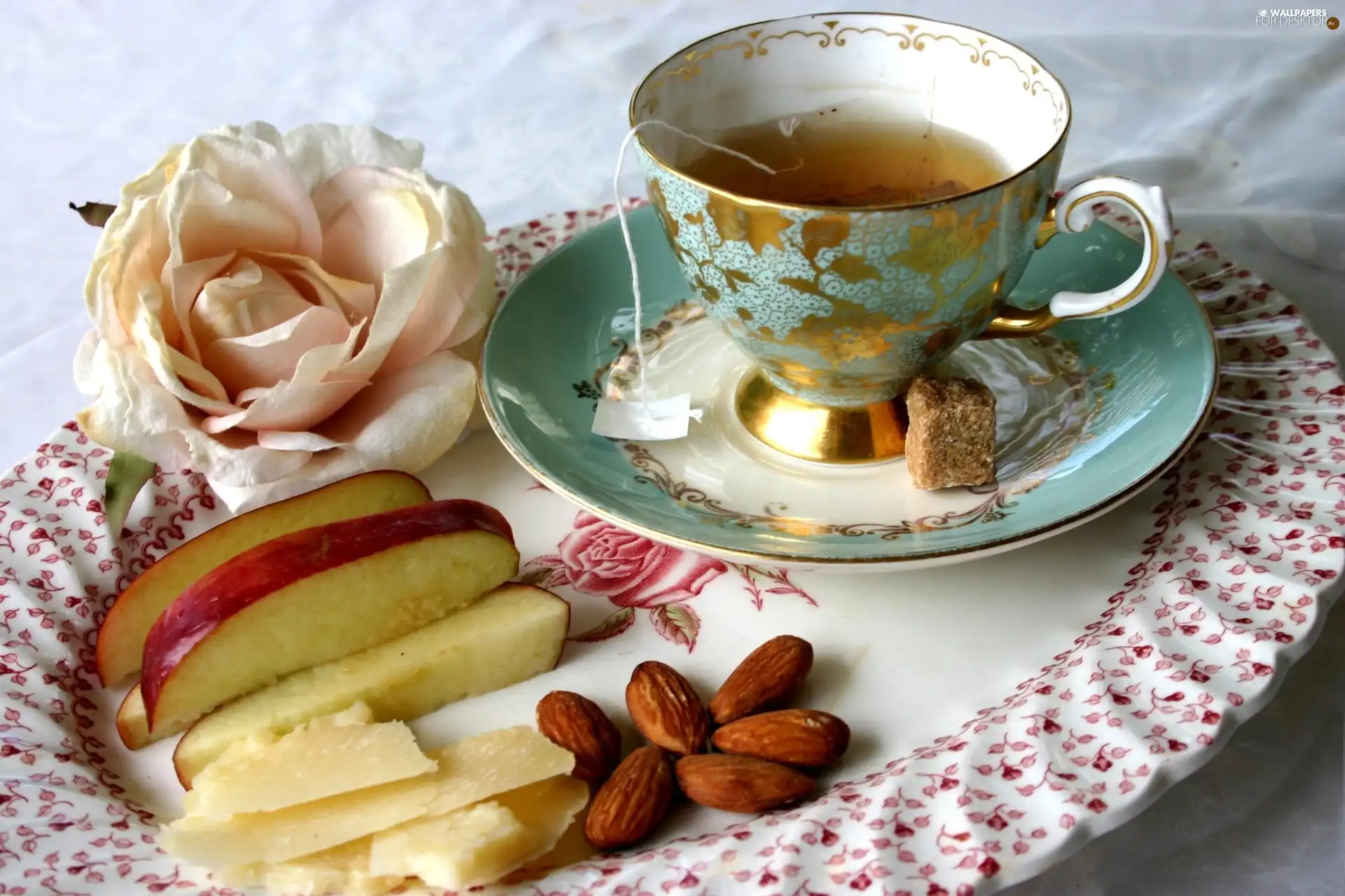 cup, almonds, rose, tea