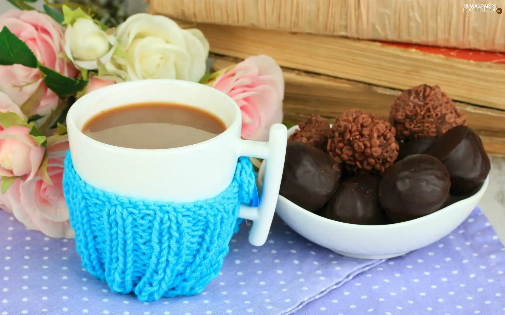 Cookies, cup, rouge, Books, bouquet, coffee