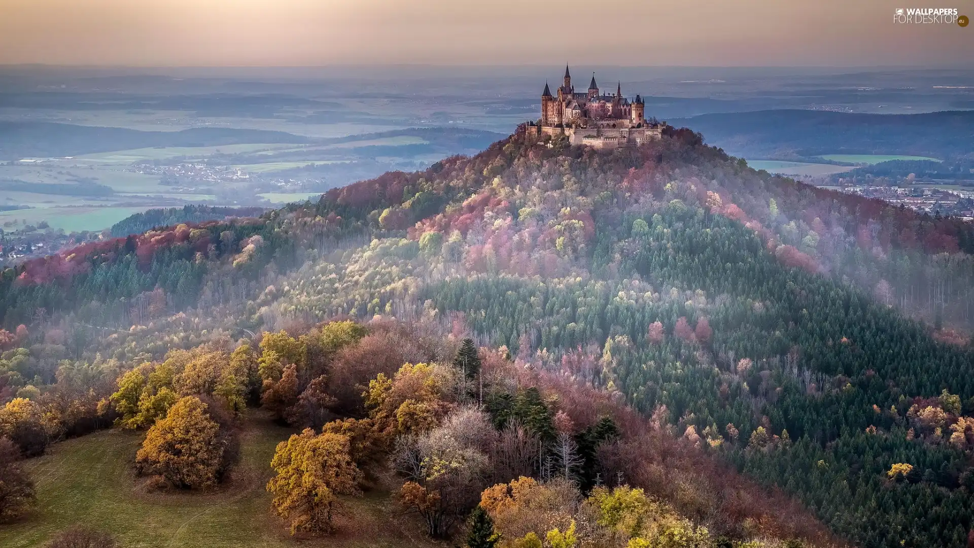 Hohenzollern Castle, Hohenzollern Mountain, autumn, trees, Baden-W?rttemberg, Germany, woods, The Hills, viewes