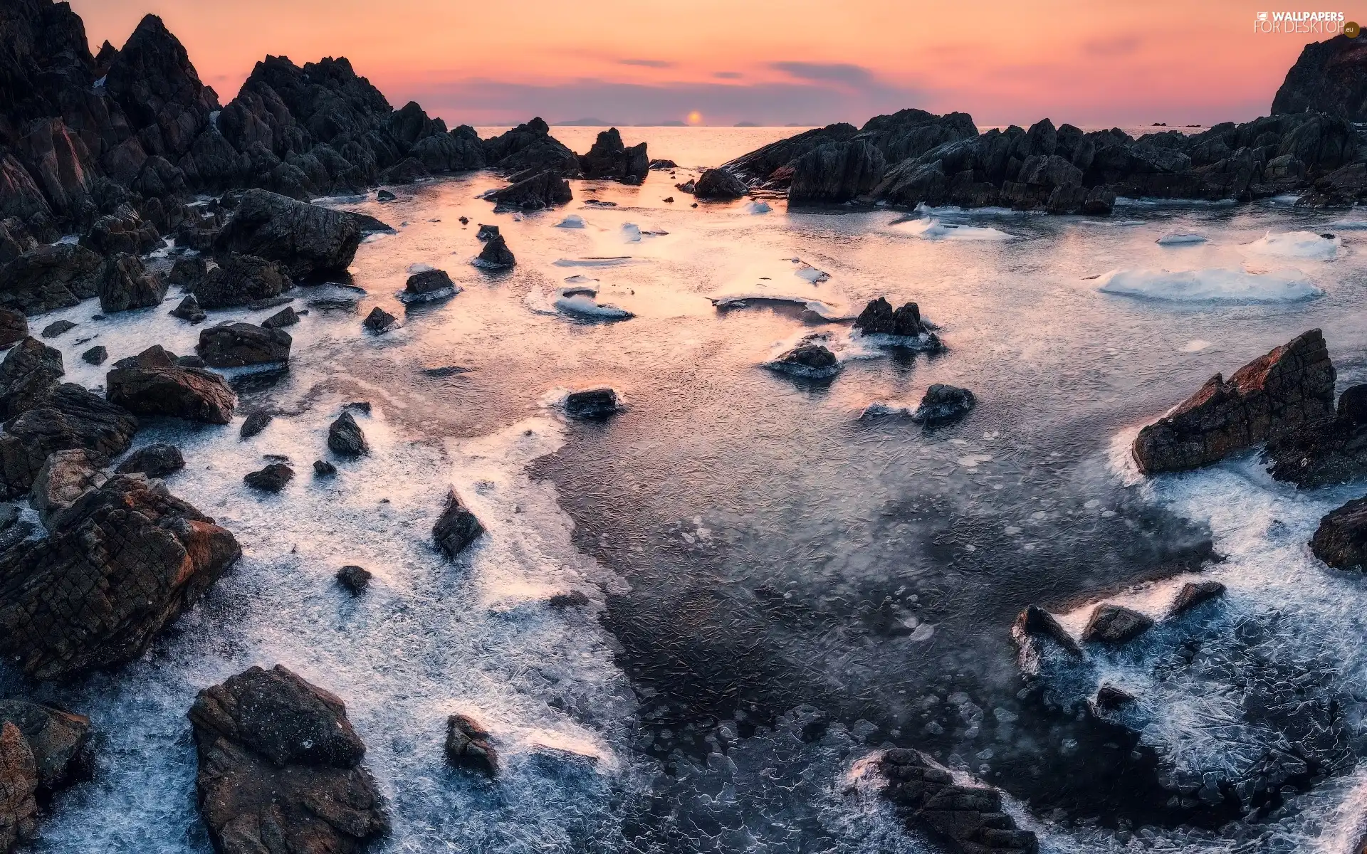 rocks, coast, Seaside, Icecream, Japanese Sea, Sunrise, Russia