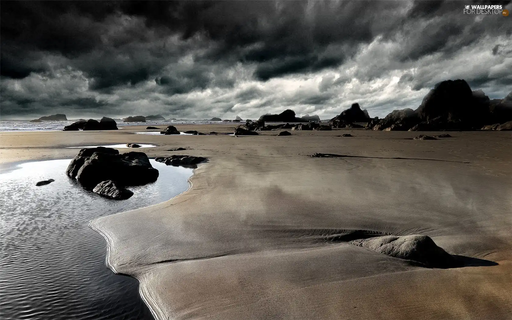 storm, rocks, Sand, clouds